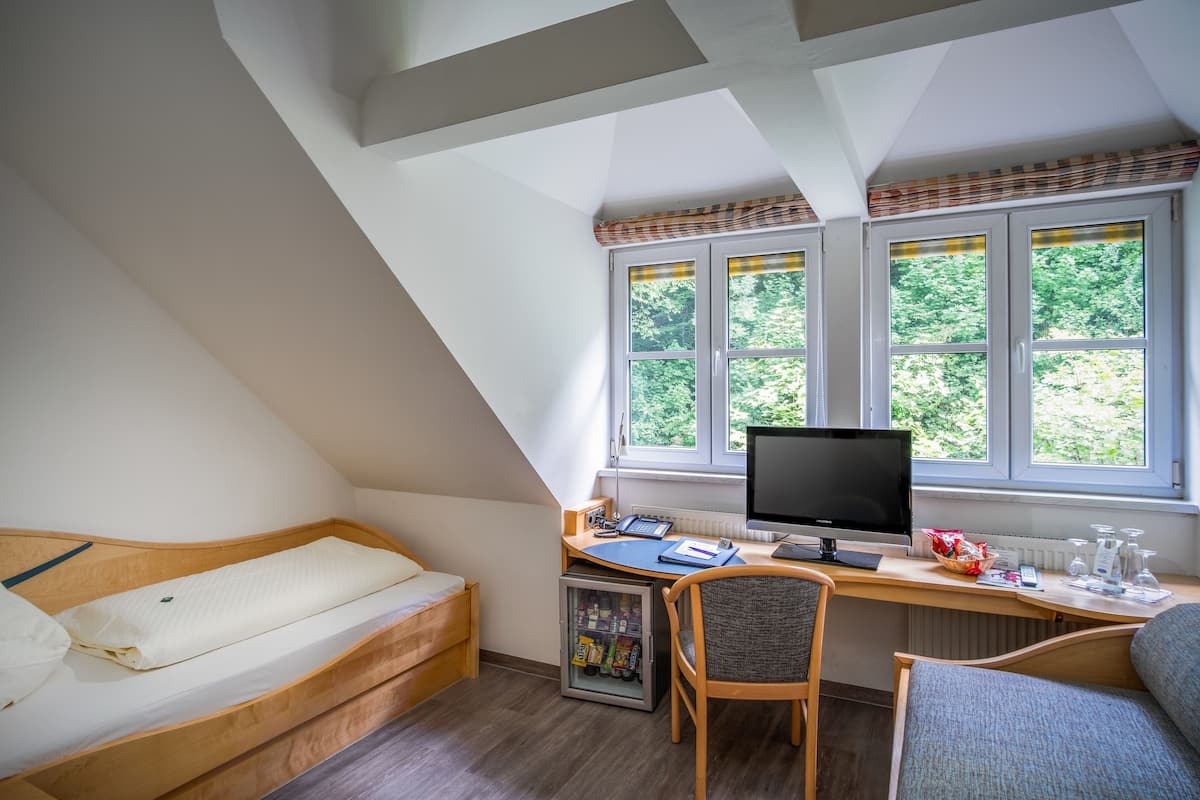 A dorm-style room with a bed, desk, chair, computer, and a window with a view of greenery.