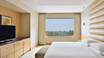 A hotel room with a bed, a TV on a wooden cabinet, a window with curtains, and a view of greenery.