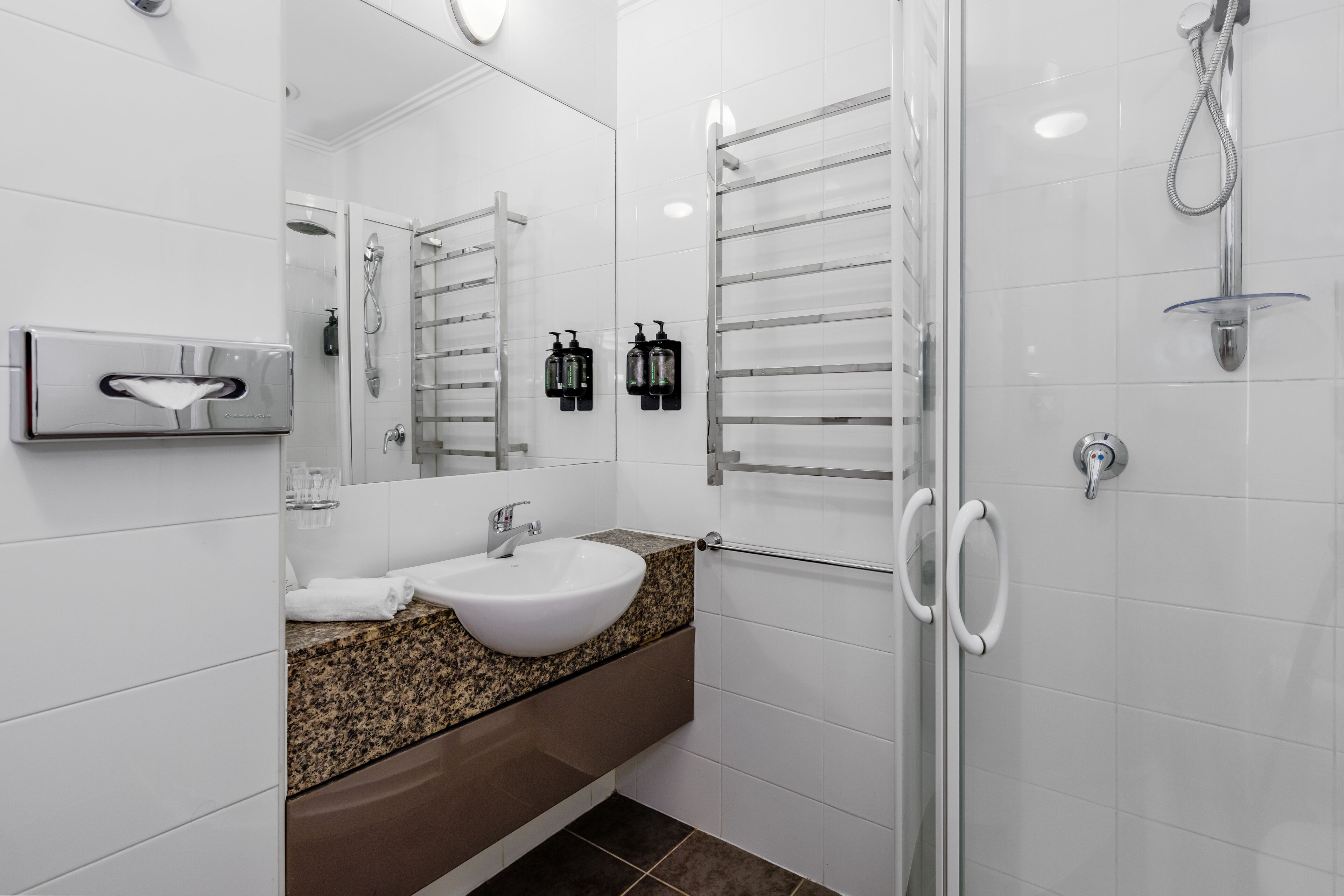king or twin studio | bathroom | shower, rainfall showerhead, free toiletries, hair dryer
