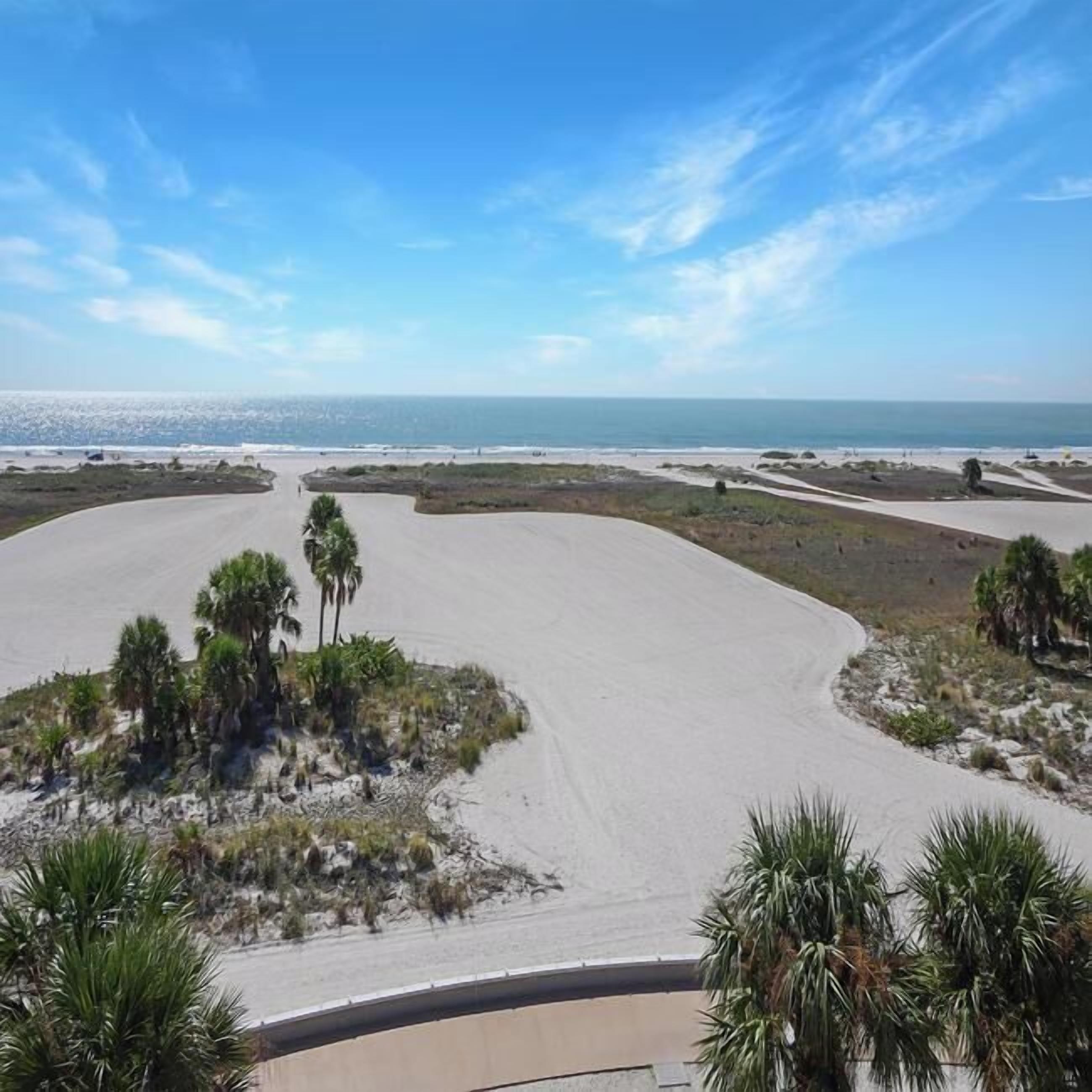 A coastal road with palm trees and a beach in the distance.