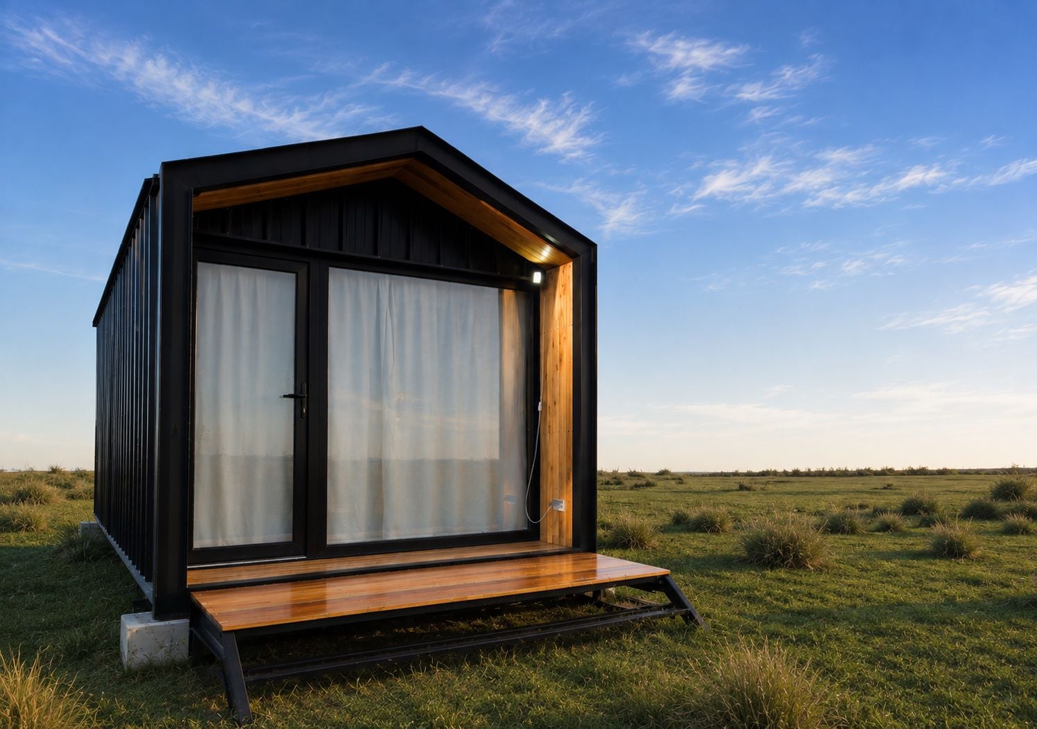 A modern, single-story cabin with a large sliding glass door, situated in a grassy field with a clear sky.