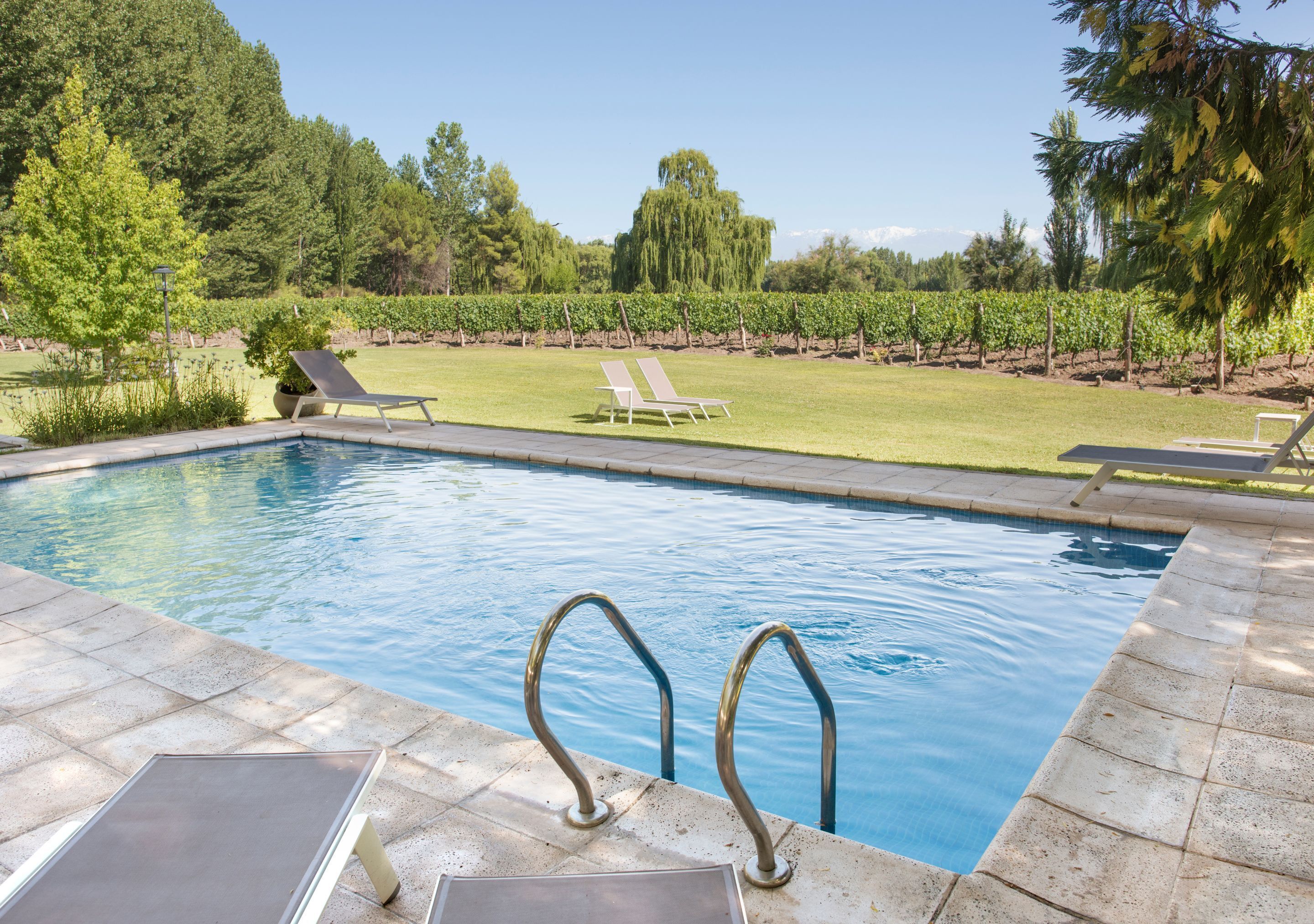 室外游泳池，池畔遮阳伞，日光浴躺椅