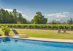 室外游泳池，池畔遮阳伞，日光浴躺椅