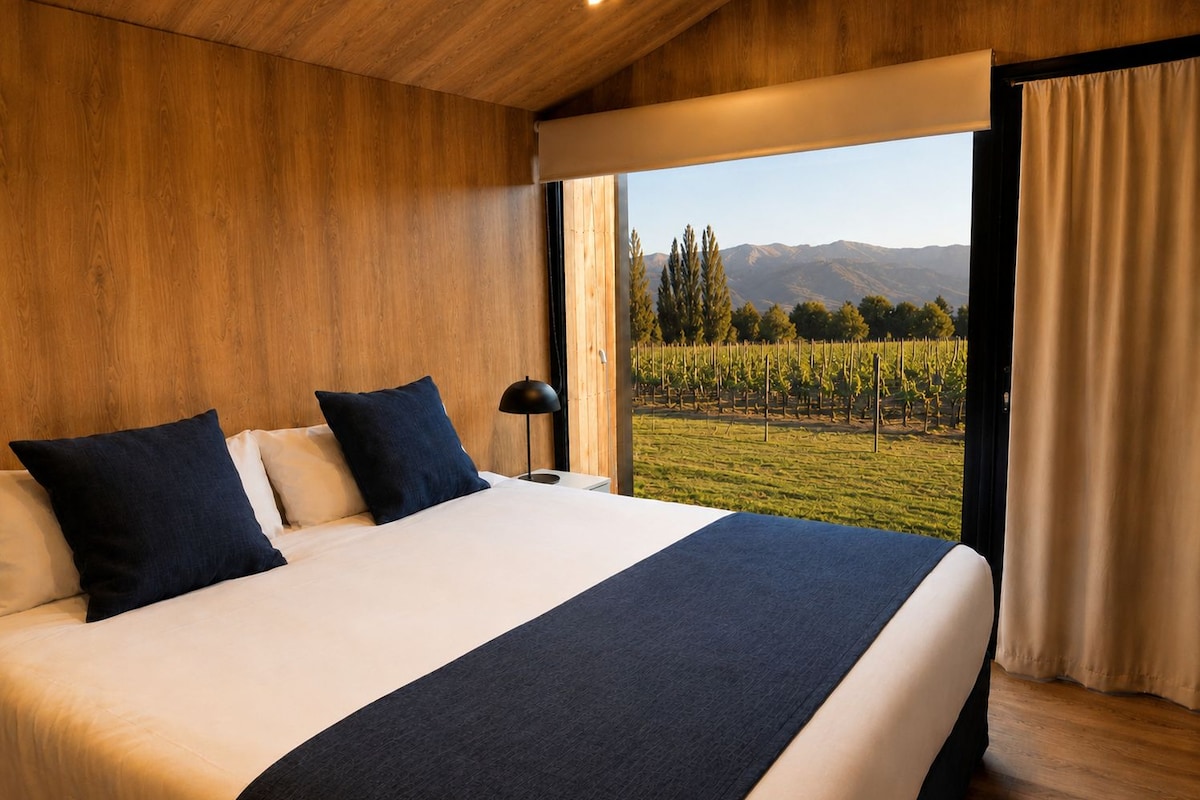 A bedroom with a large bed, two pillows, a bedside lamp, and a view of a vineyard through a window.