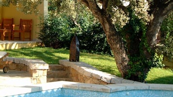 Outdoor pool, pool umbrellas, pool loungers