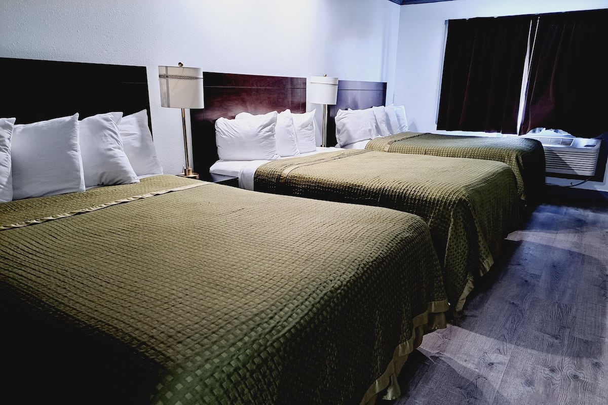 Une chambre d’hôtel avec deux lits, chacun recouvert d’une couvre-lit verte, agrémenté d’oreillers blancs et doté d’une tête de lit. On y trouve deux lampes de chevet et une fenêtre avec des rideaux foncés.