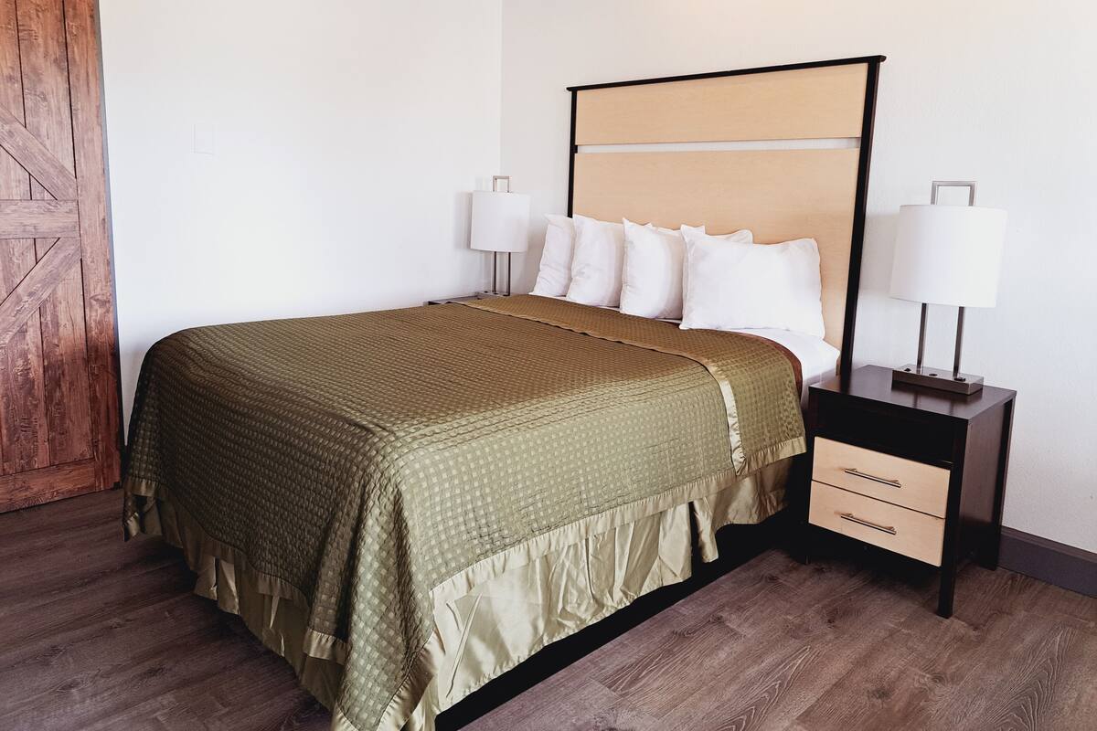 Un lit bien fait, avec une couvre-lit verte et des oreillers blancs, une table de chevet en bois avec une lampe, et une porte en bois.