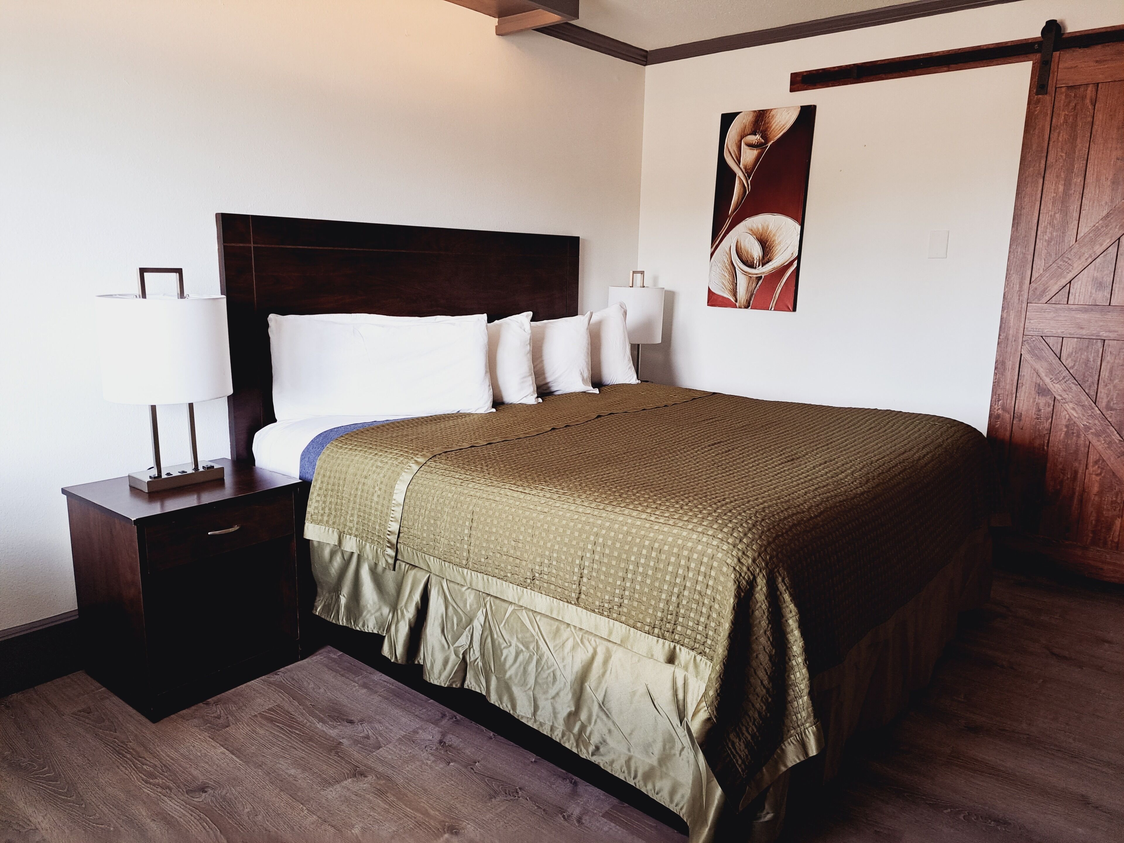 A neatly arranged bedroom with a large bed, a wooden headboard, a nightstand with a lamp, and a wall-mounted picture.