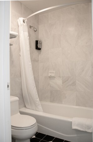 Combined shower/bathtub, free toiletries, hair dryer, towels - Discovery Inn (Hayward)