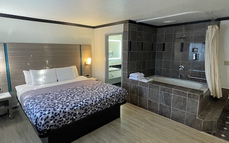 A hotel room with a bed, a bathroom with a bathtub, and a shower.