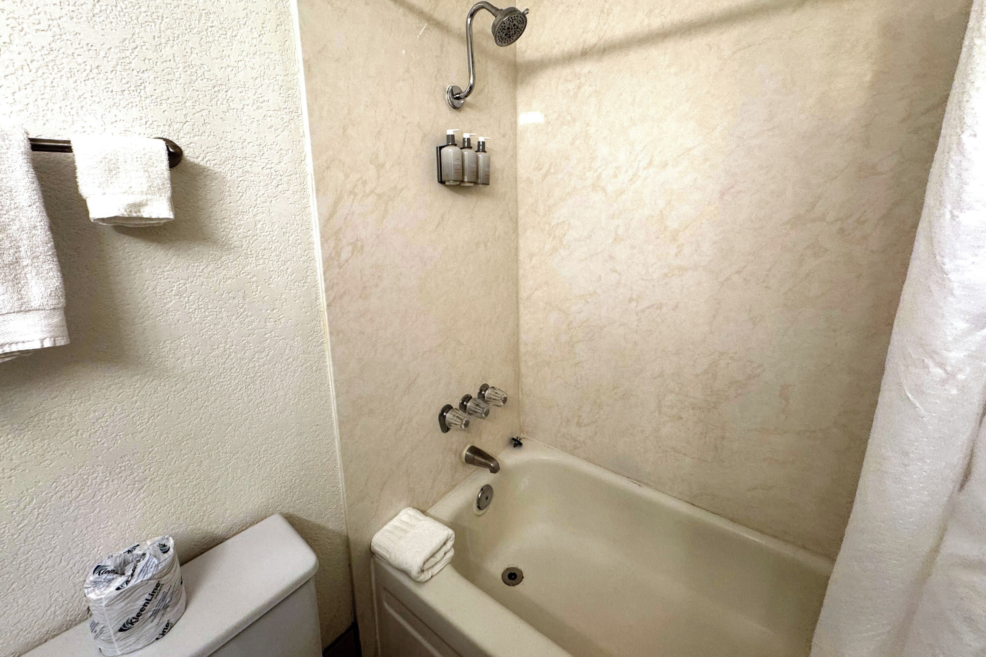 Un baño con bañera, inodoro y ducha.