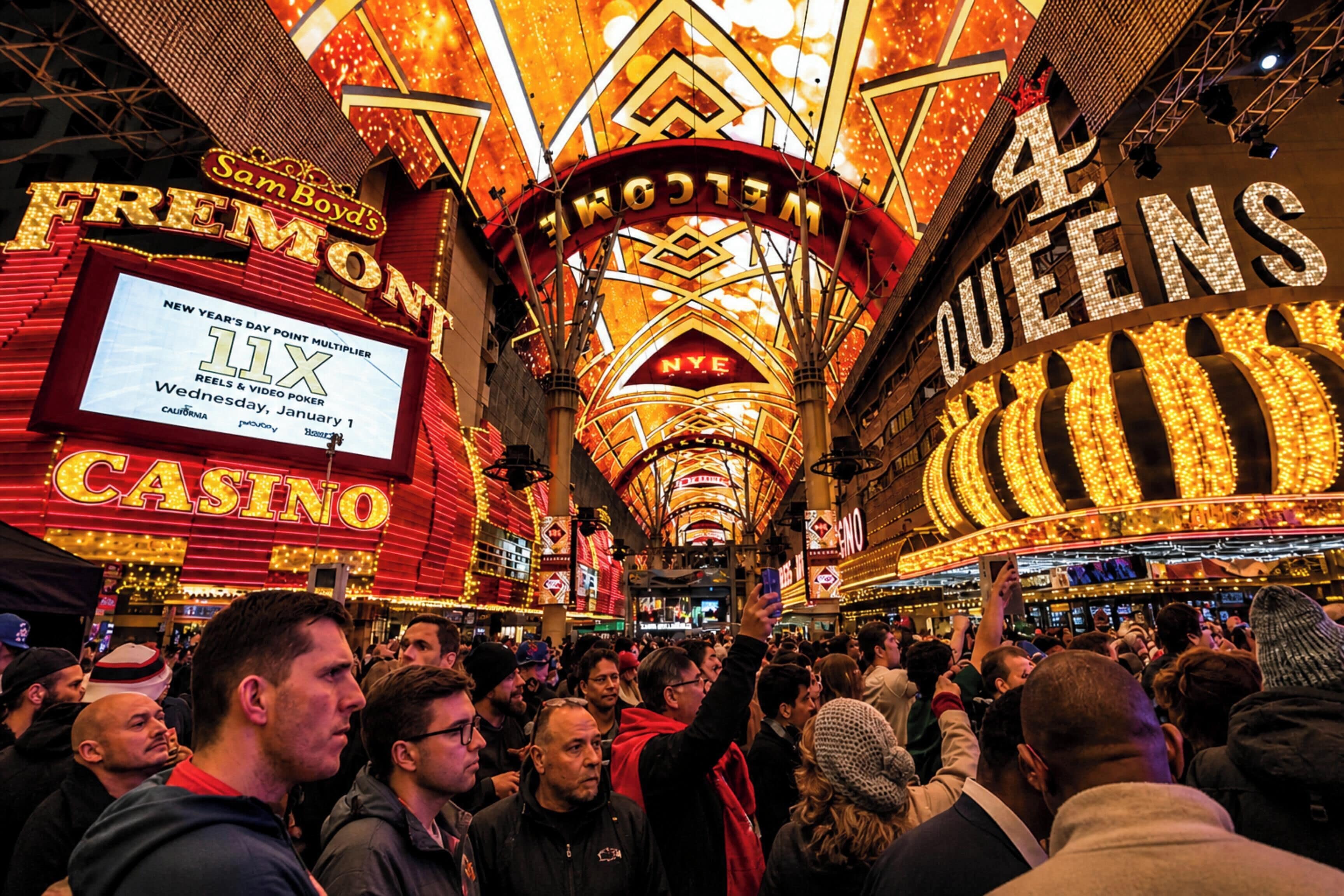A crowded indoor venue with illuminated signs reading 'Fremont,' 'Welcome,' '4 Queens,' and 'Casino.'