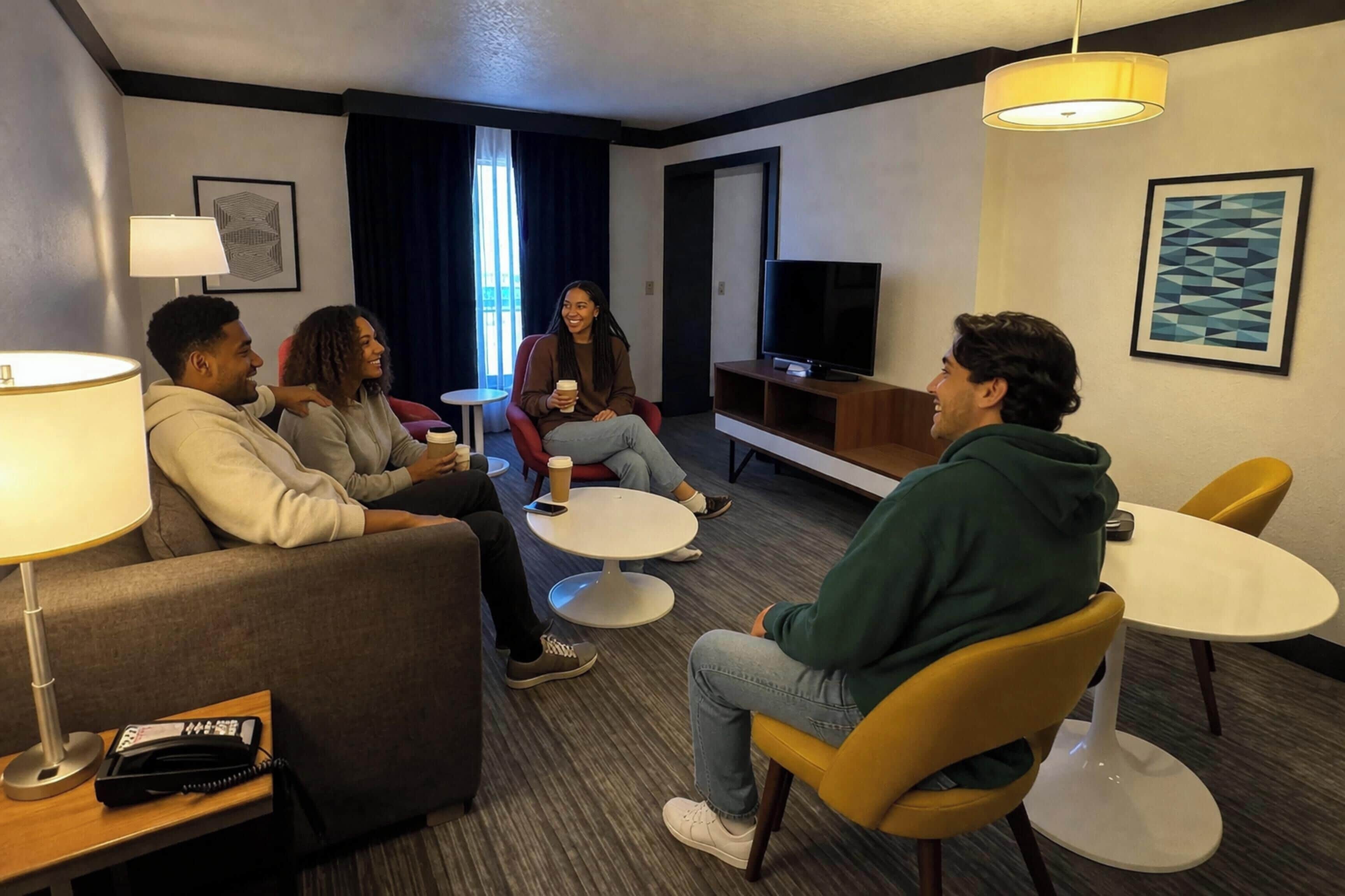 A hotel room with a sofa, two round tables, a TV, and artwork on the walls.