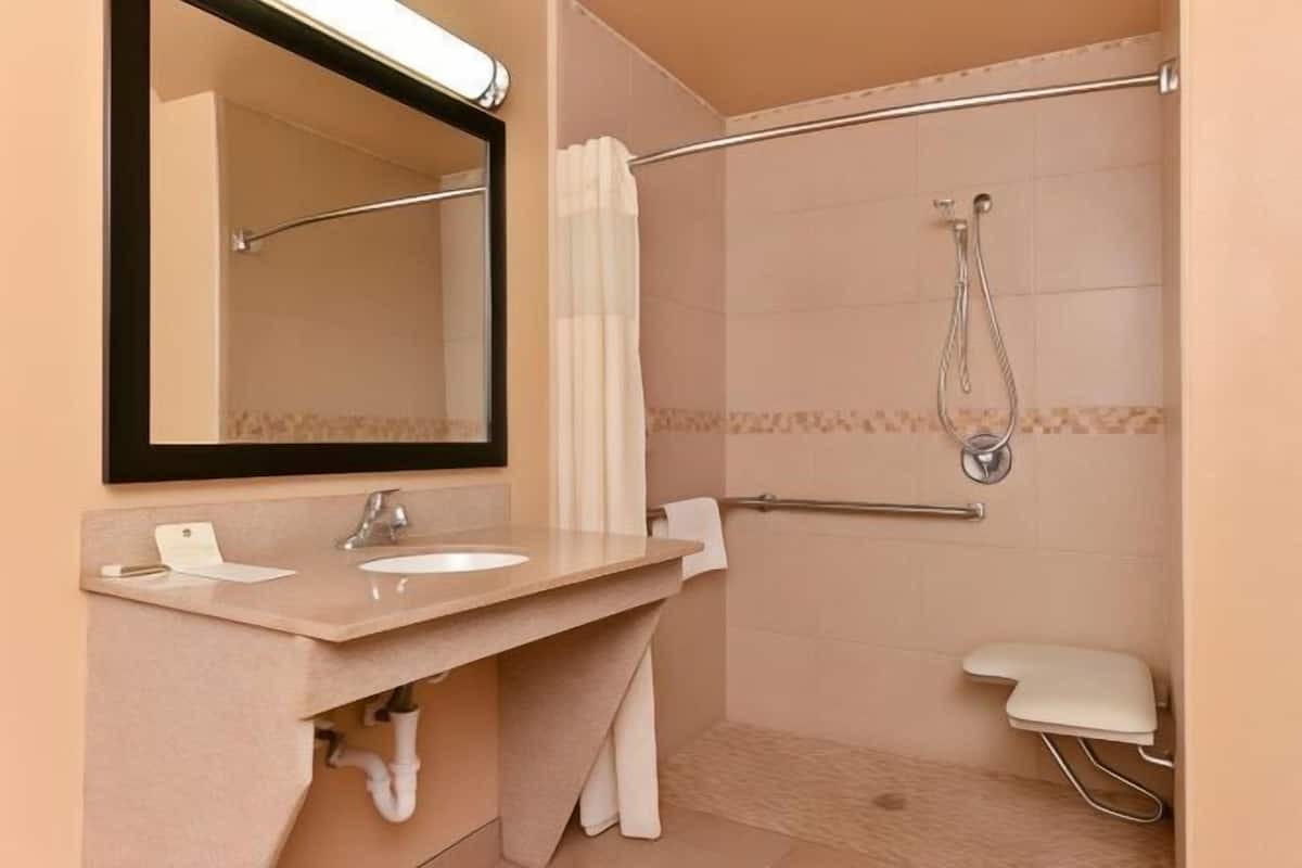 Un baño con lavabo, espejo, ducha e inodoro.