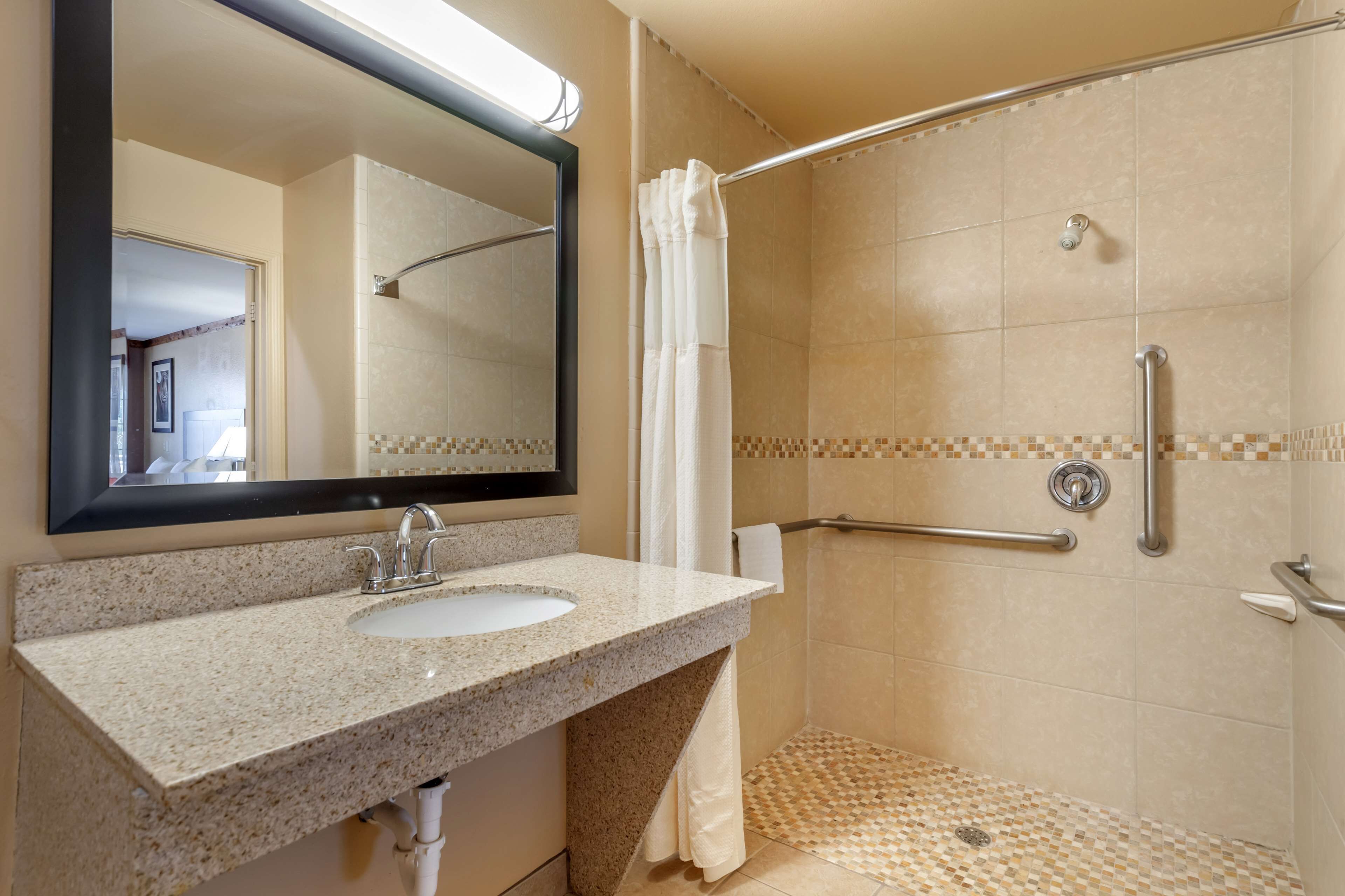 standard room, 2 queen beds, accessible, non smoking | bathroom | hair dryer, towels