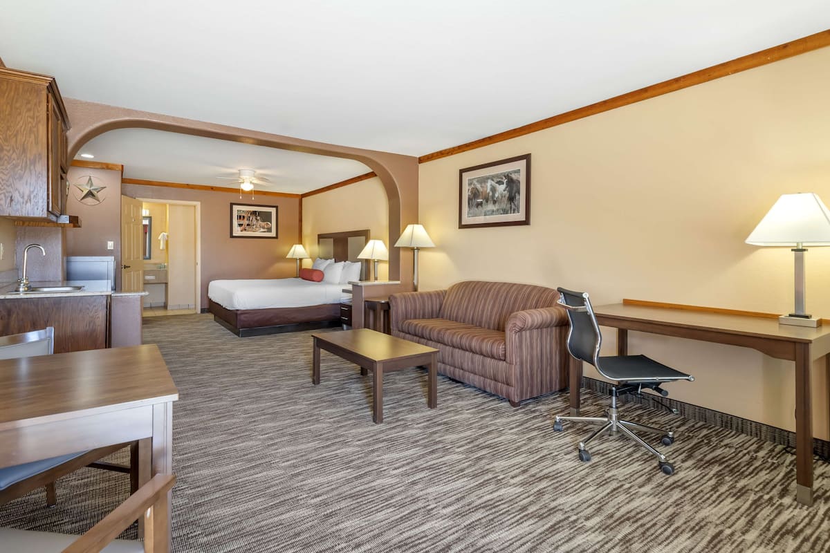 Una habitación de hotel con una cama, un sofá, un escritorio, una silla, una mesa de centro y una lámpara.