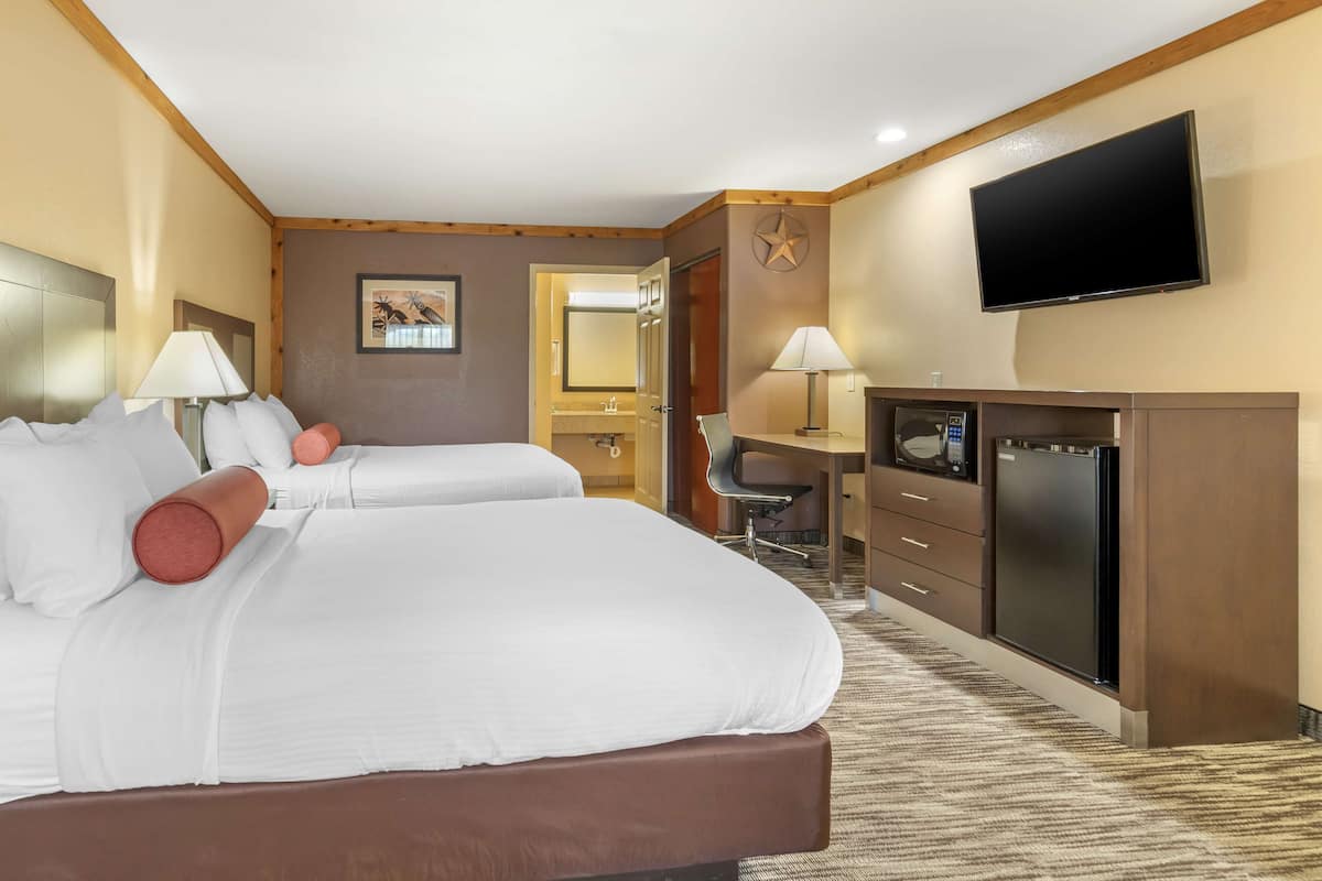 Habitación de hotel con dos camas, un escritorio, un televisor y un espejo.