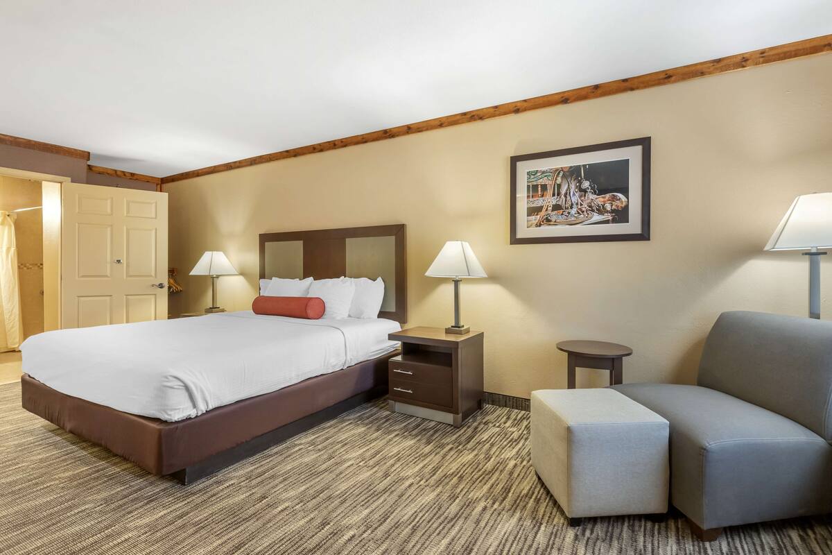 Una habitación de hotel con una cama grande, dos mesitas de noche, una silla y un cuadro en la pared.