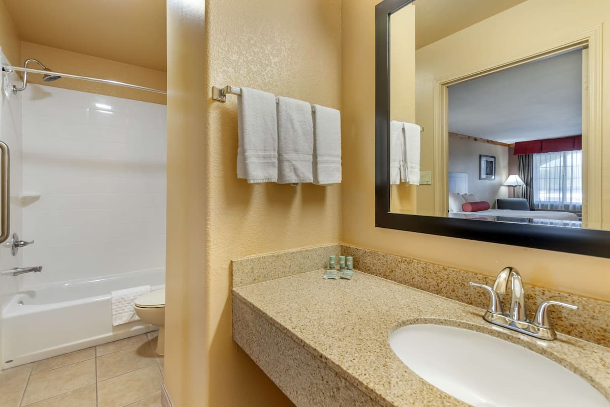 standard room, 2 queen beds, non smoking, microwave | bathroom | hair dryer, towels