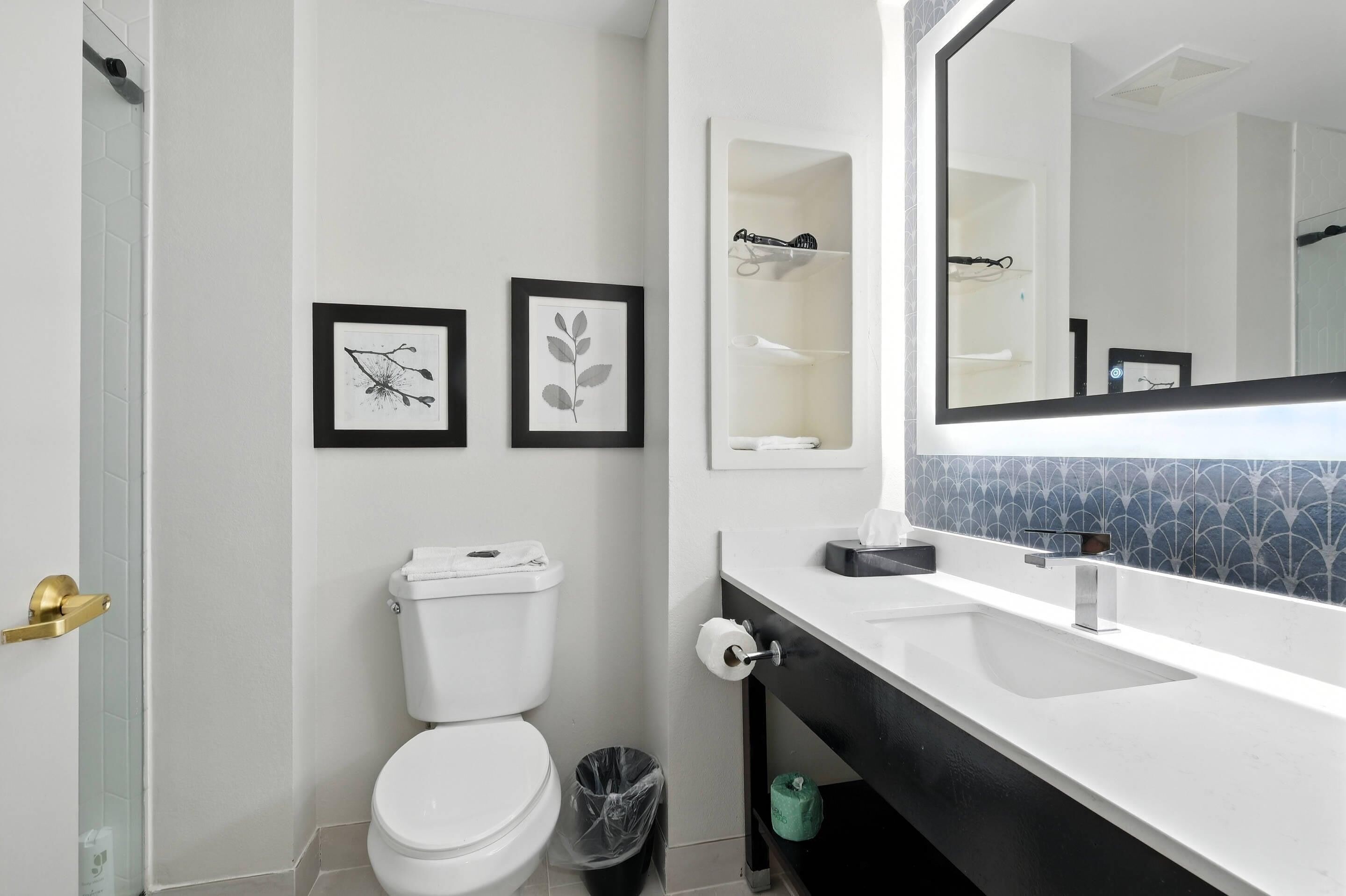 A modern bathroom with a white toilet, a black trash bin, a sink with a mirror, and two framed pictures on the wall.