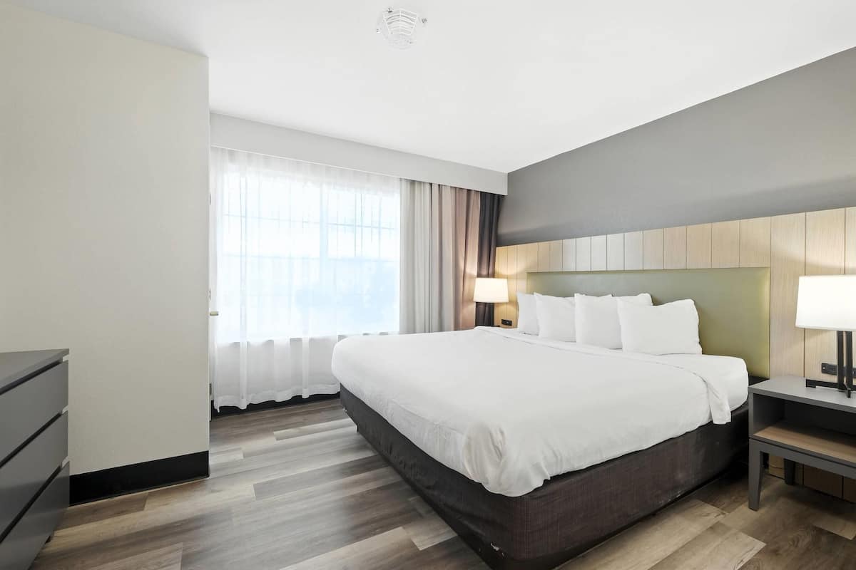 A hotel room with a large bed, bedside tables, a dresser, and a window with curtains.