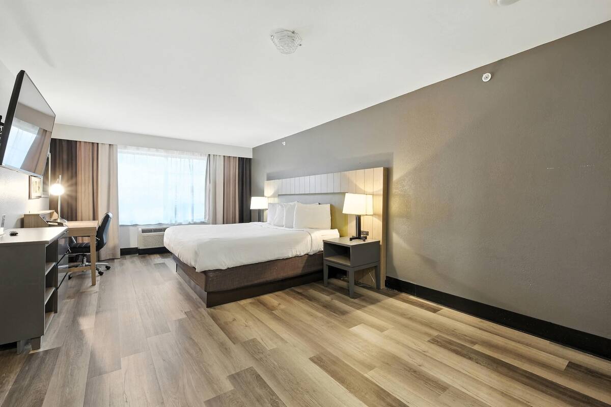 A hotel room with a bed, desk, chair, and two bedside lamps.