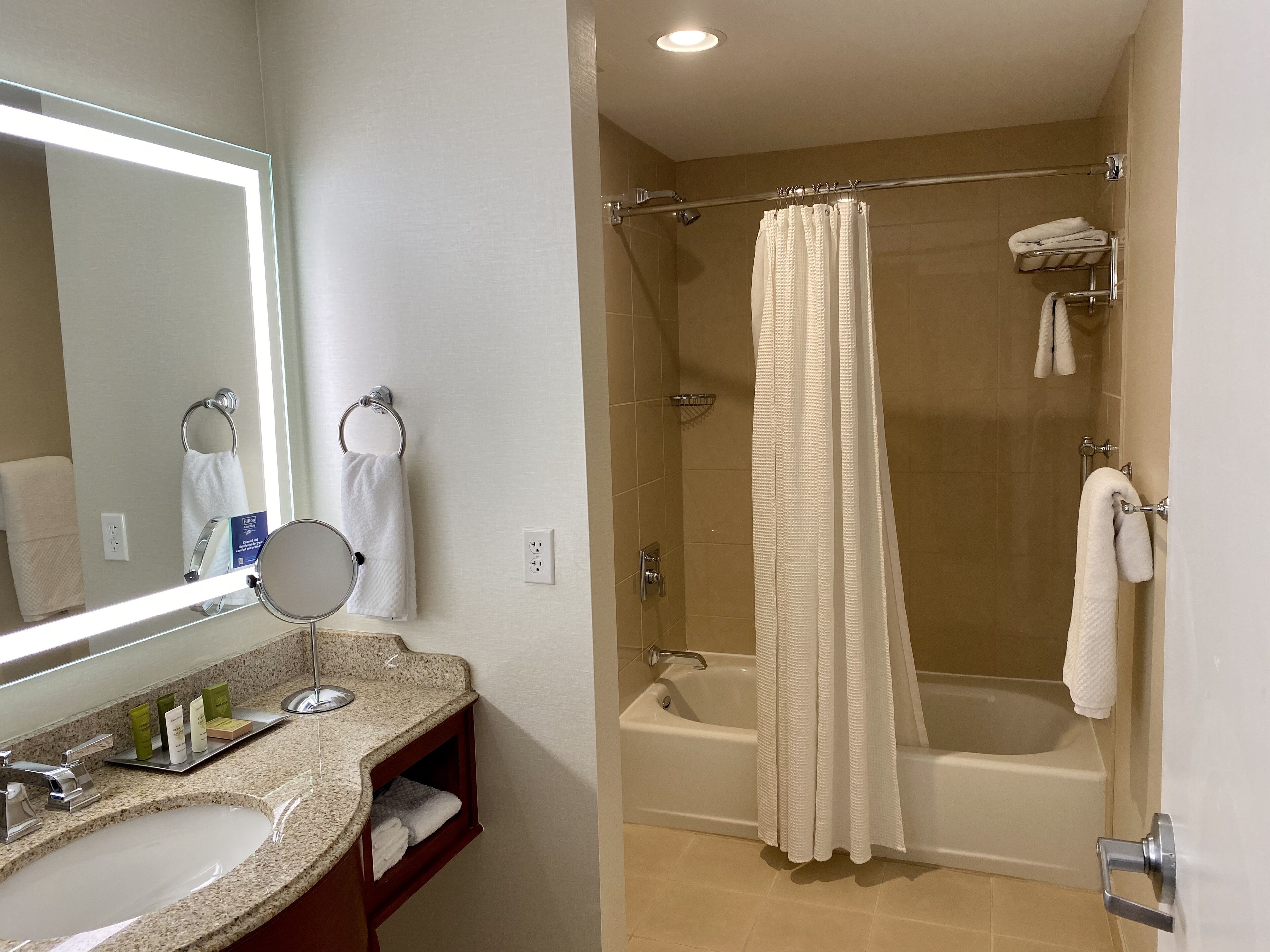 designer toiletries, hair dryer, bathrobes, towels