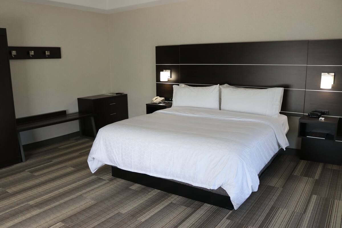 Une chambre d’hôtel moderne avec un grand lit, une table de chevet, une commode et un bureau avec des tiroirs.