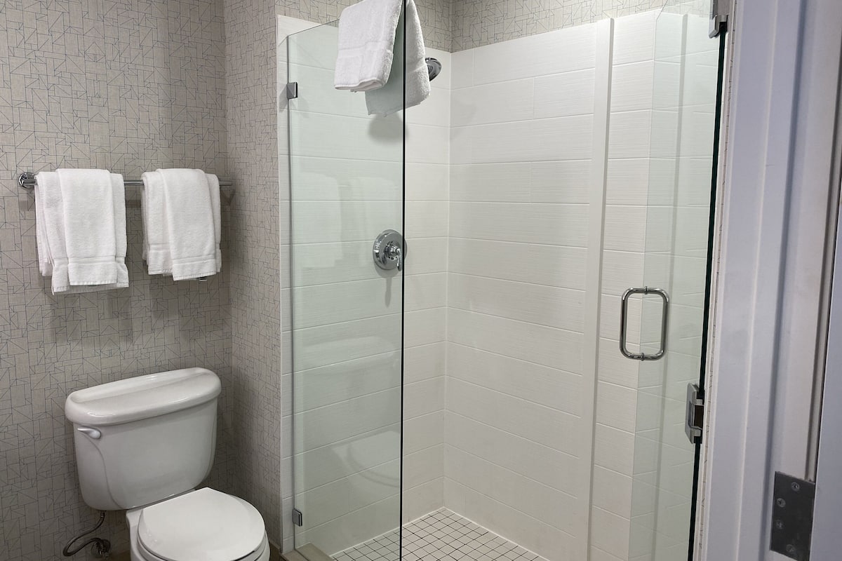 Une salle de bain avec des toilettes, une douche dotée d’une porte en verre et deux serviettes suspendues à un porte-serviettes.