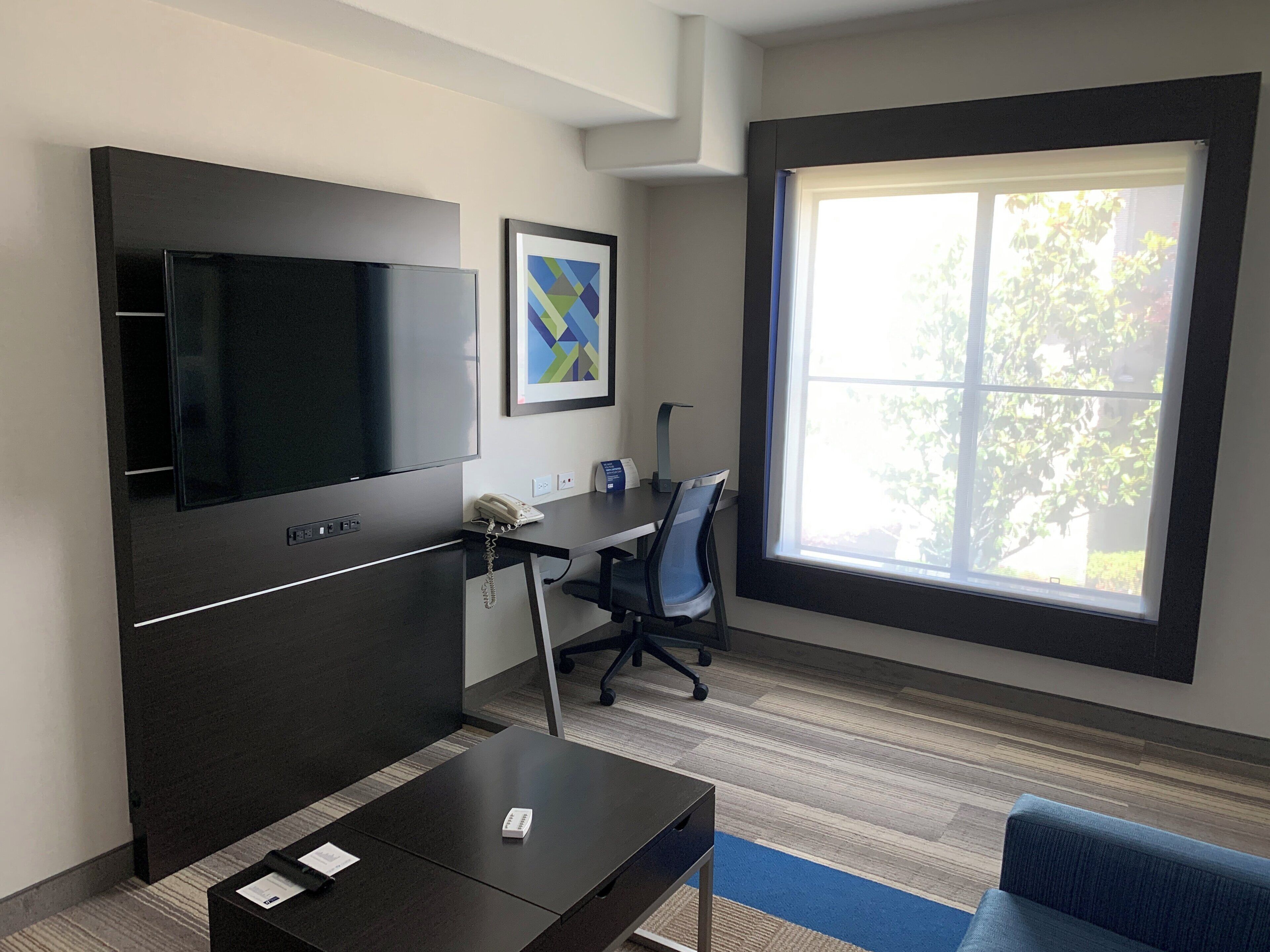 A modern office space with a large flat-screen TV, a desk with a chair, a sofa, and a large window offering a view of greenery.