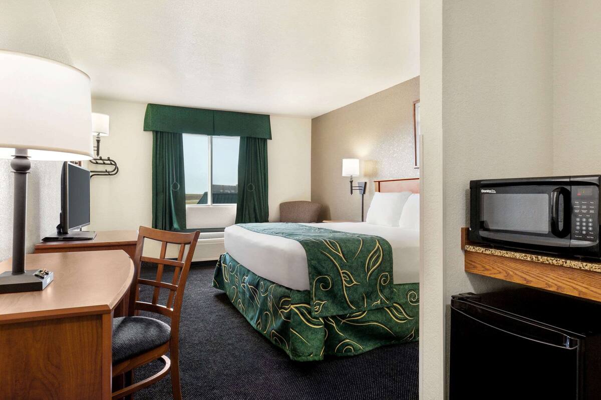 A hotel room with a bed, a desk, a chair, a television, a microwave, and a refrigerator.