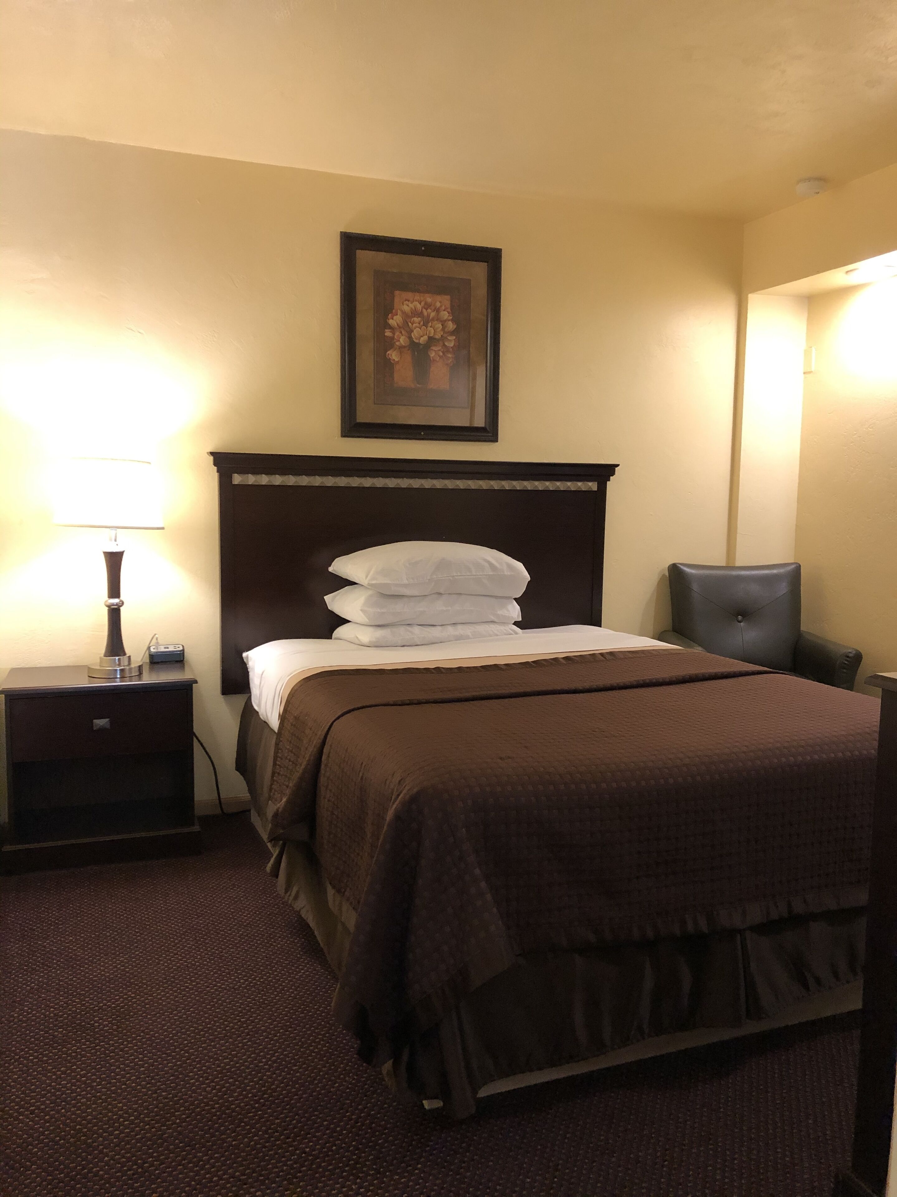Un cuarto de hotel con una cama, una mesita de noche, una lámpara, una silla y un cuadro en la pared.