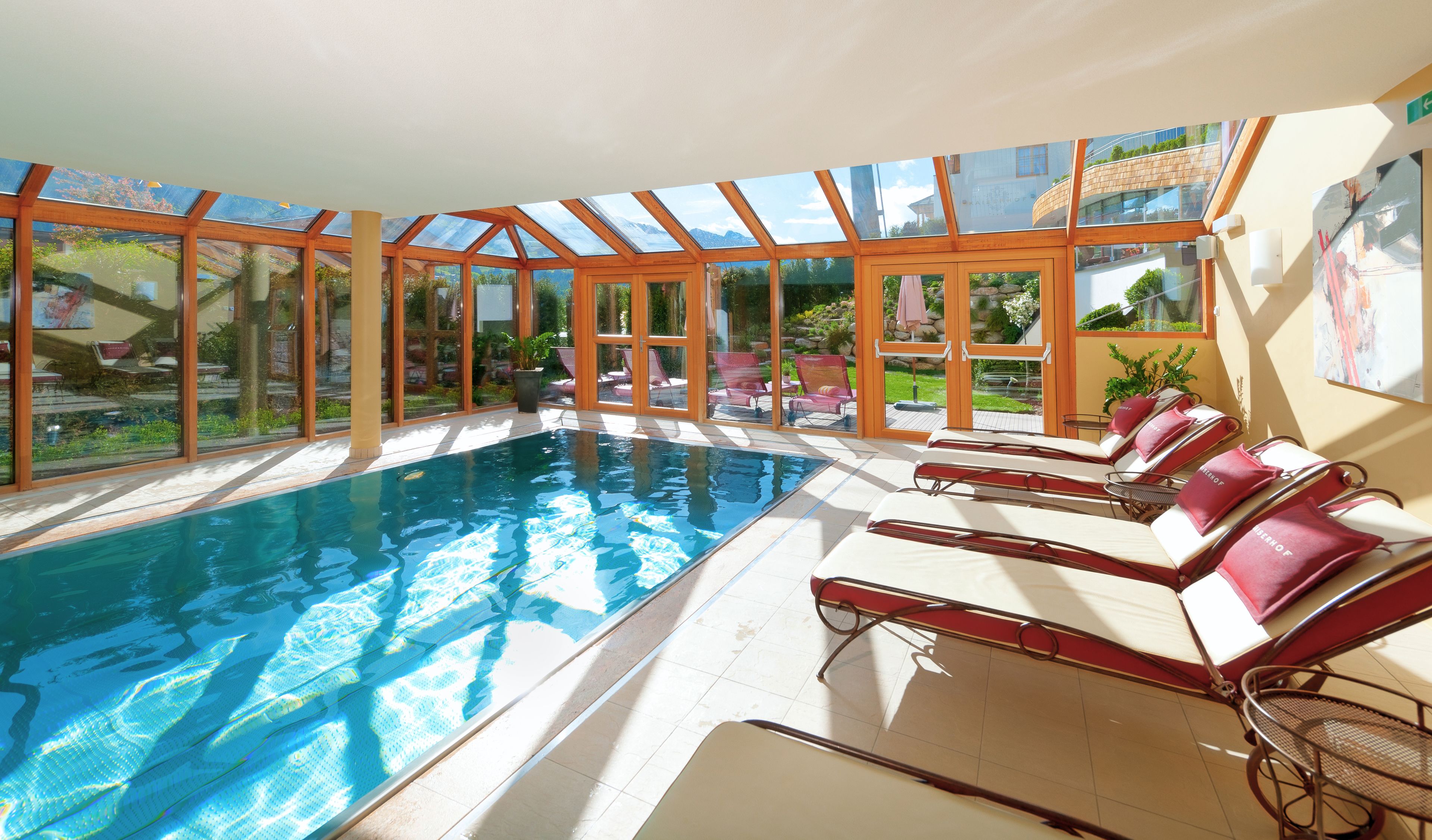 indoor pool, pool loungers