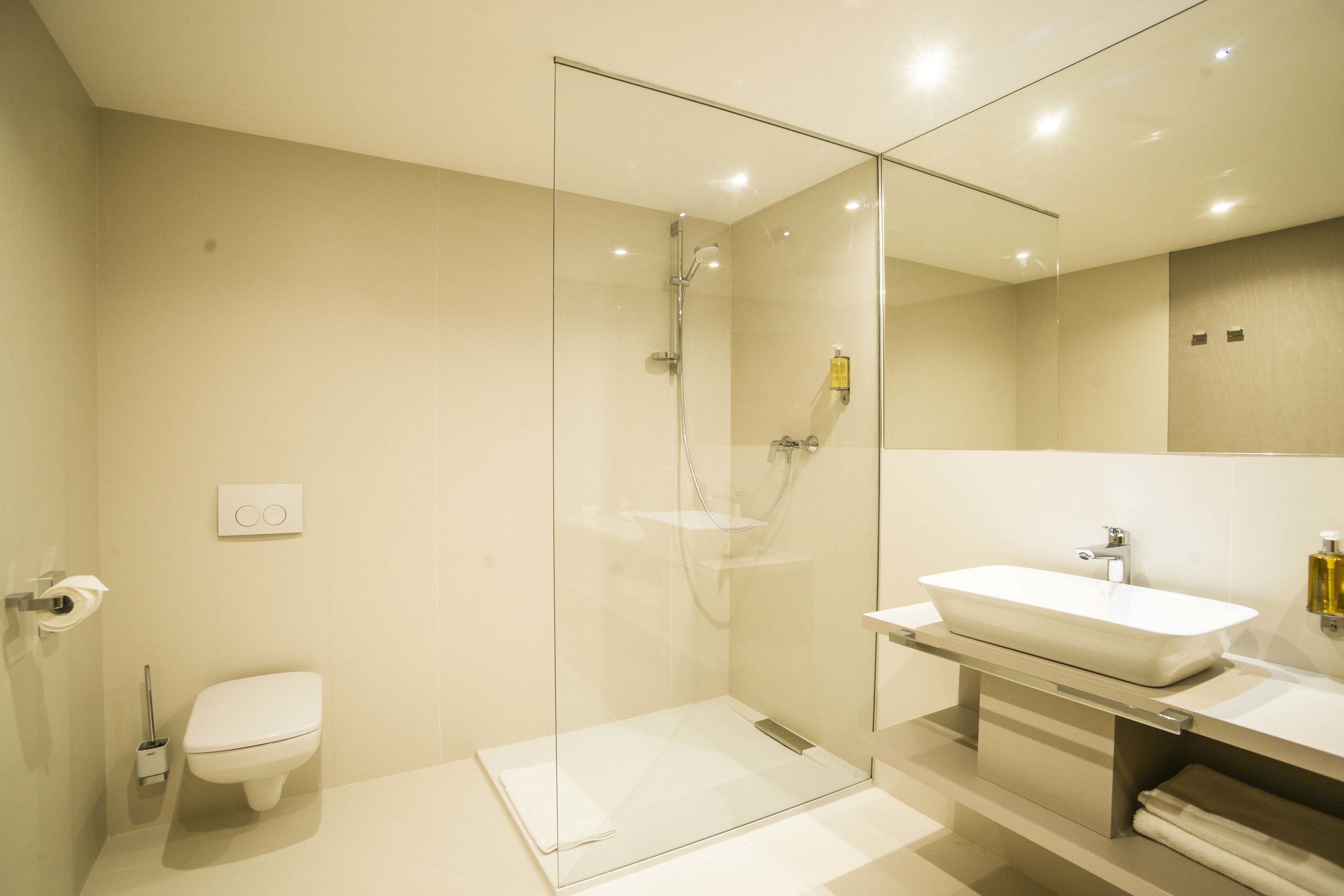 Een moderne badkamer met een douche met glazen wand, een wit toilet en een groot wastafel met spiegel erboven.