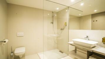 Een moderne badkamer met een douche met glazen wand, een wit toilet en een groot wastafel met spiegel erboven.