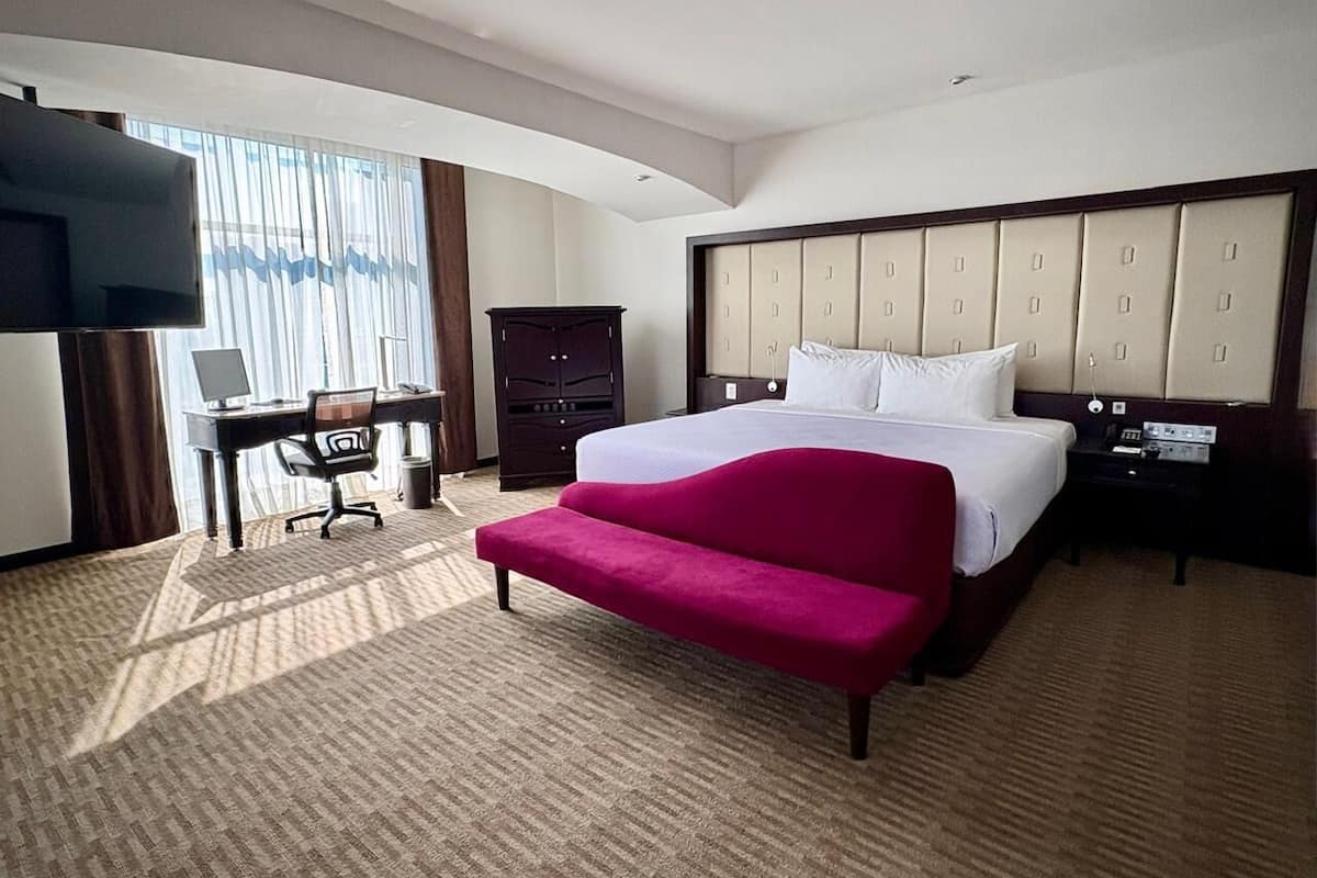Habitación de hotel con cama, escritorio, silla, televisión y armario.