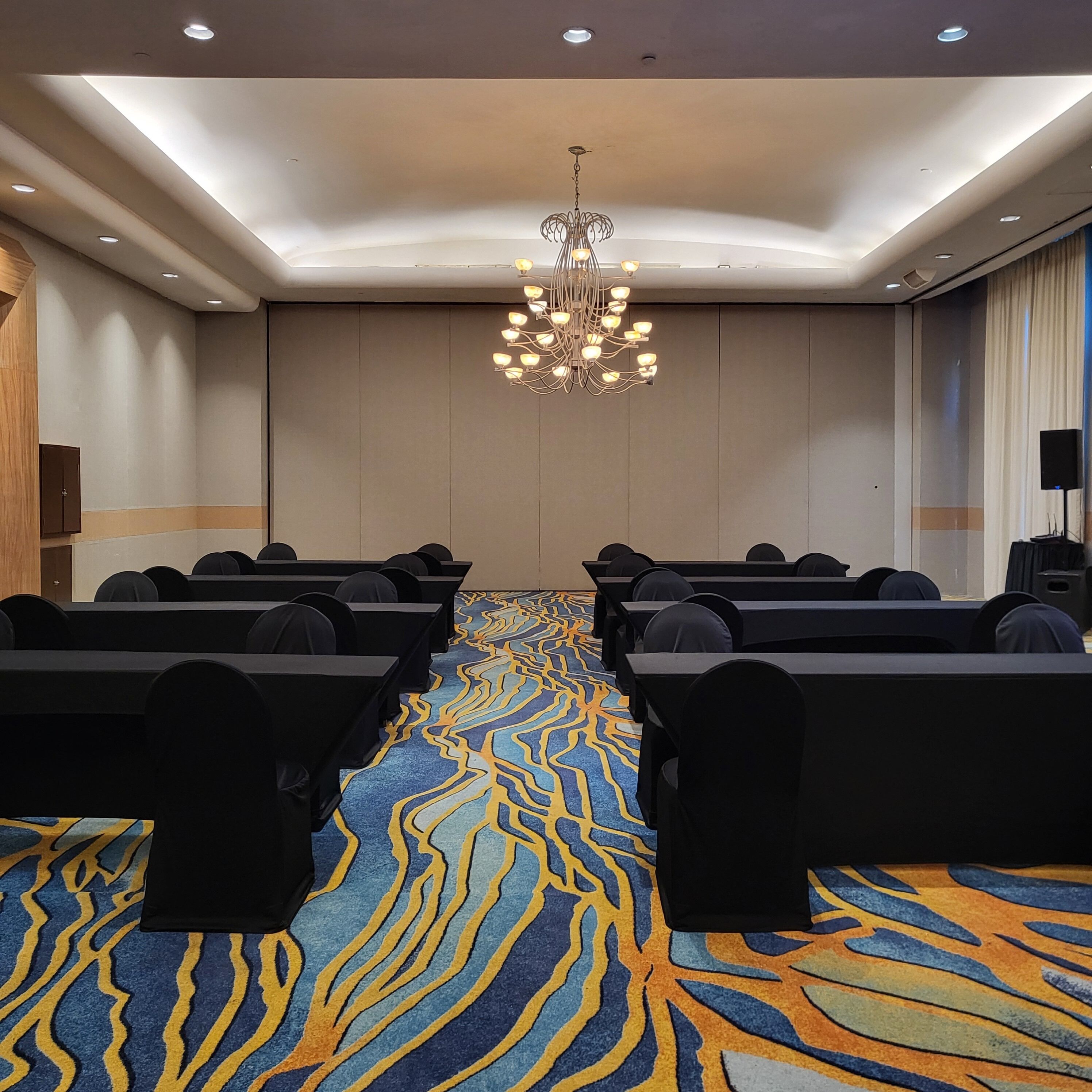 Une salle de conférence avec des rangées de chaises noires, une moquette à motifs, un lustre central et un podium situé à droite.