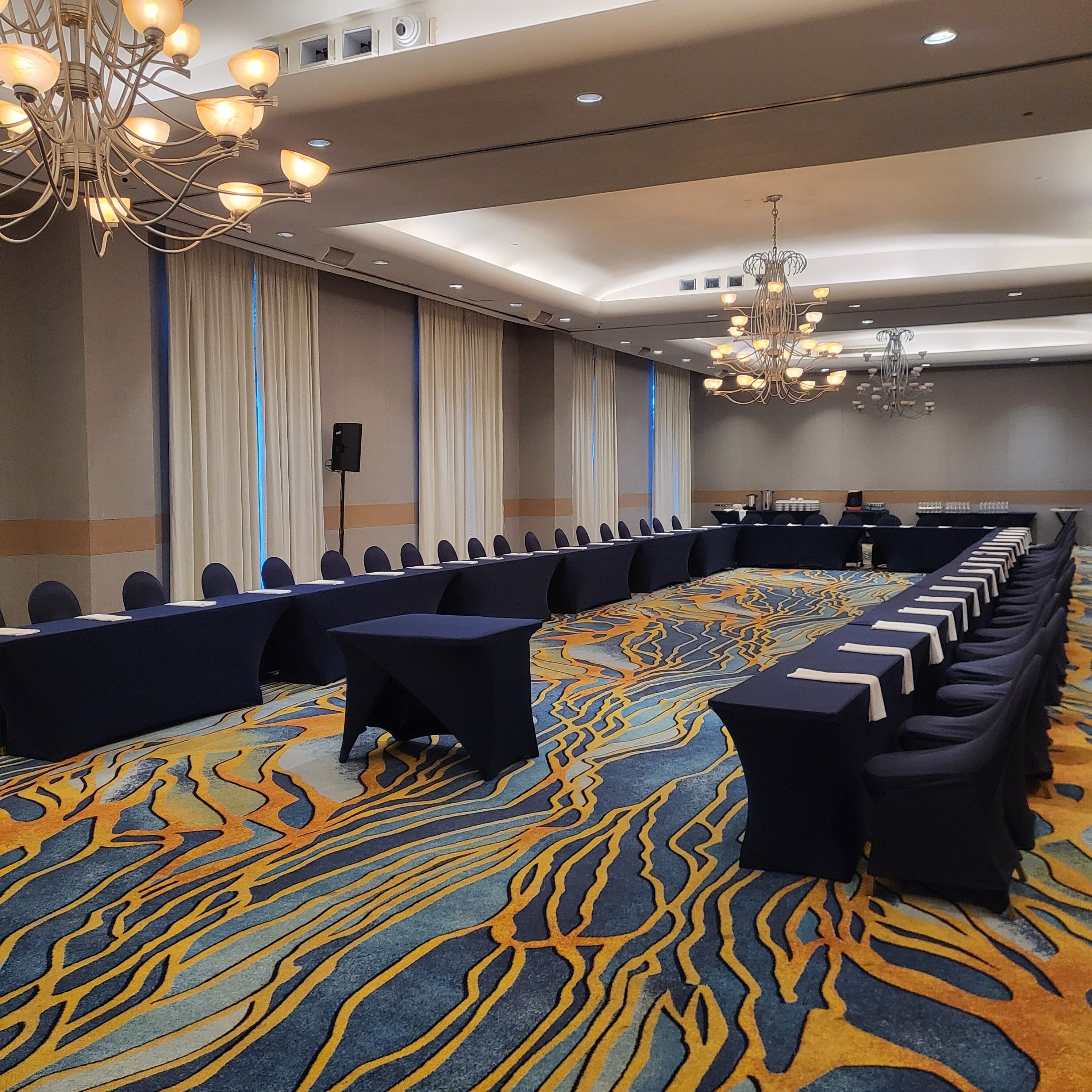 A conference room with a long table, chairs, and a patterned carpet.