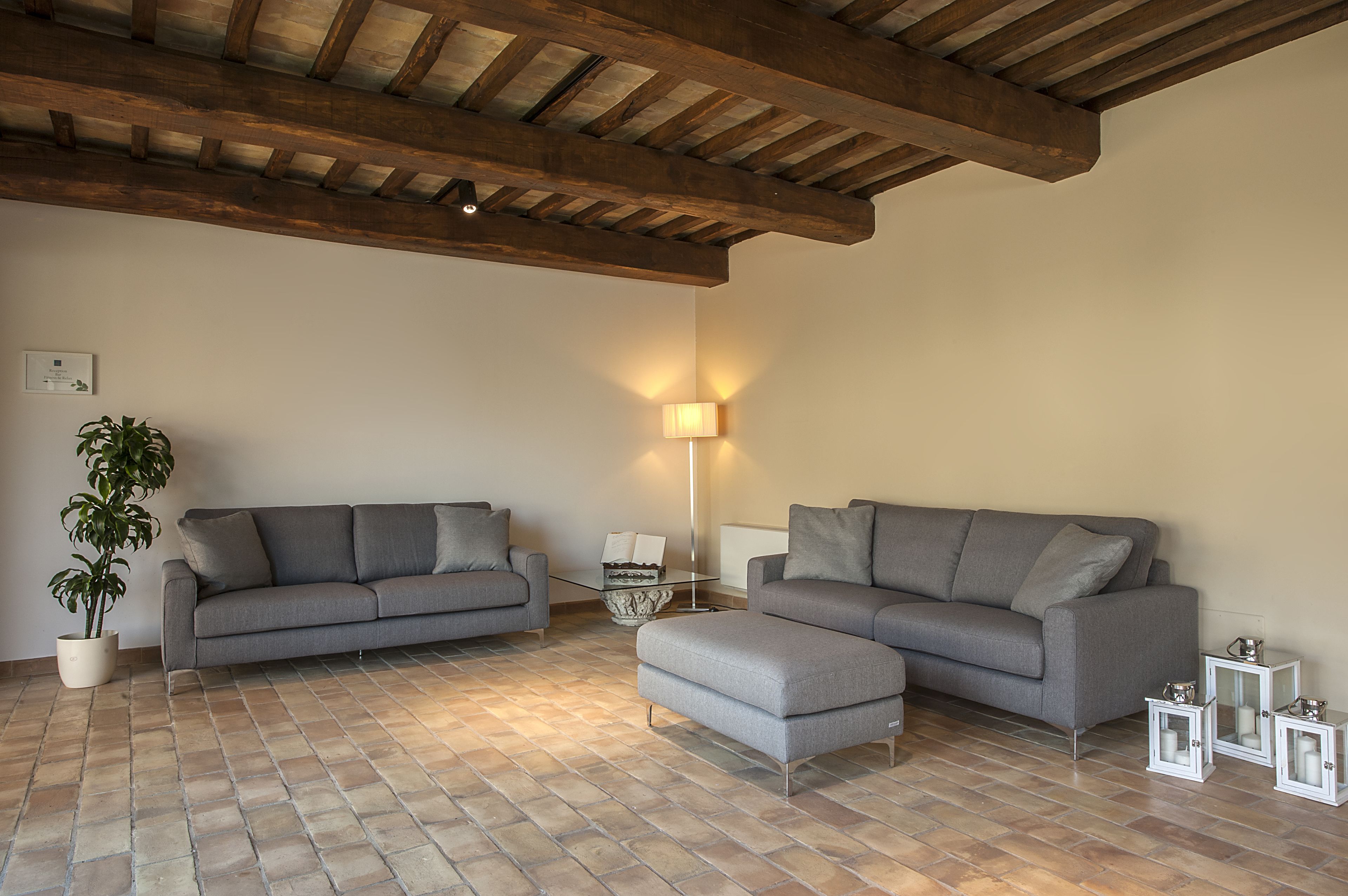 Ein Wohnzimmer mit zwei grauen Sofas, einem kleinen Tisch, einer Stehlampe und einer Topfpflanze.