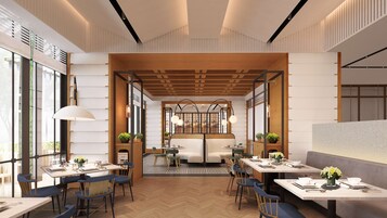A modern interior with a central seating area, wooden beams, and large windows.