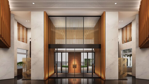 A modern hotel entrance with a central wooden door, vertical wooden slats, and a glass partition. - Hilton Garden Inn Guangzhou Tianhe (Guangzhou)