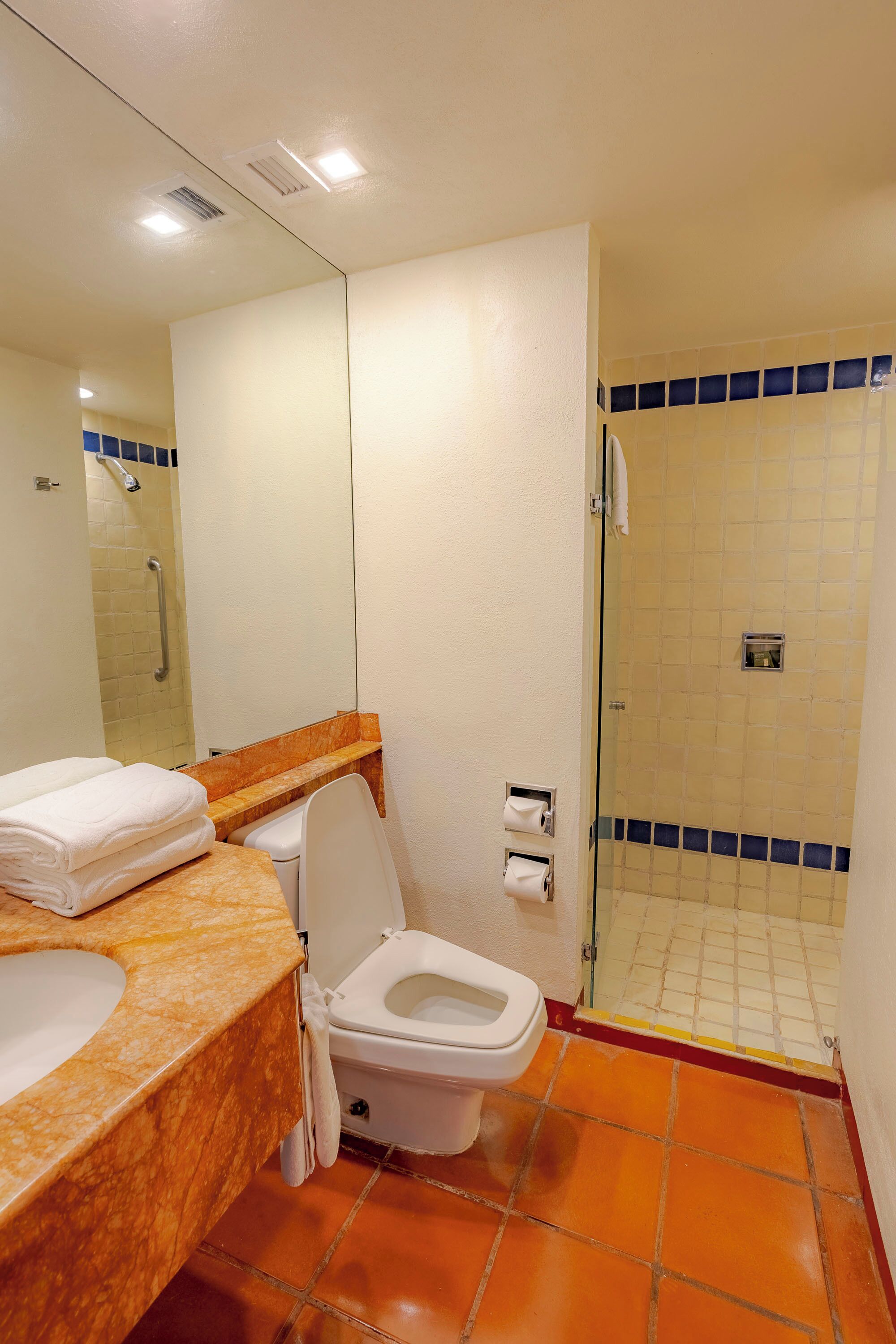 A bathroom with a toilet, a sink, a mirror, and a shower area.