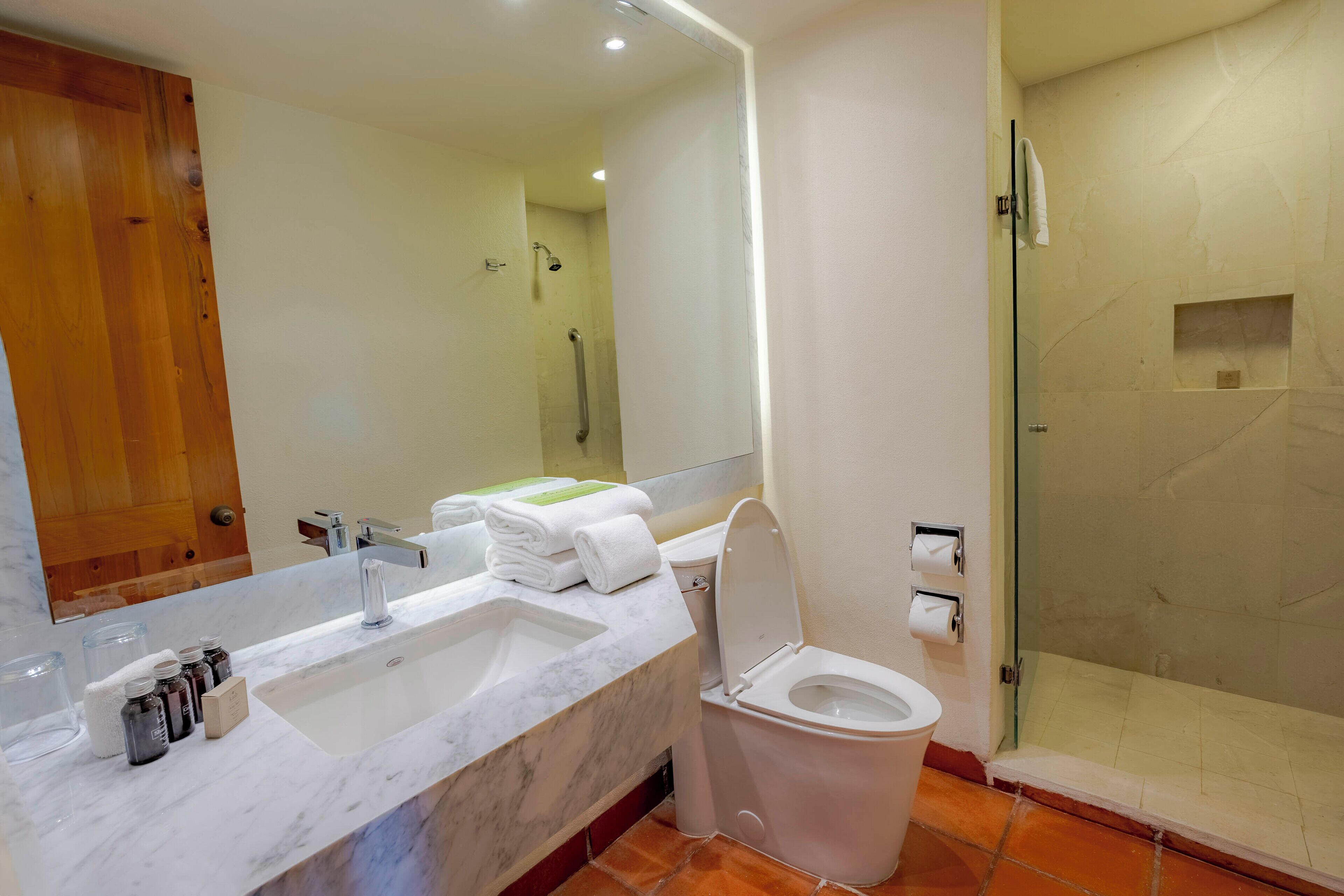 A bathroom with a marble sink, a toilet, a glass shower enclosure, and a large mirror.