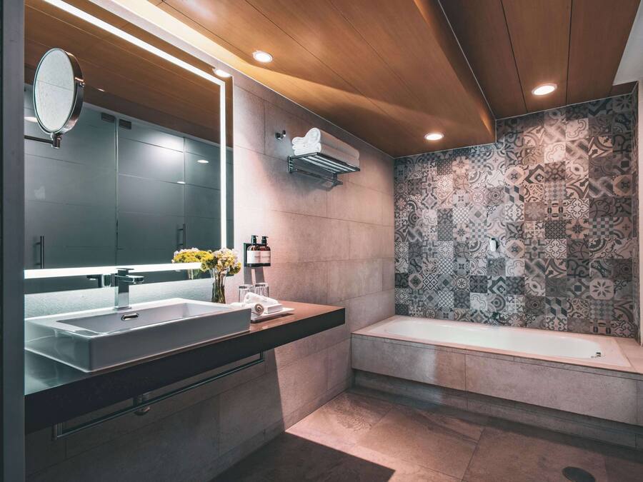 Shower, rainfall showerhead, eco-friendly toiletries, hair dryer