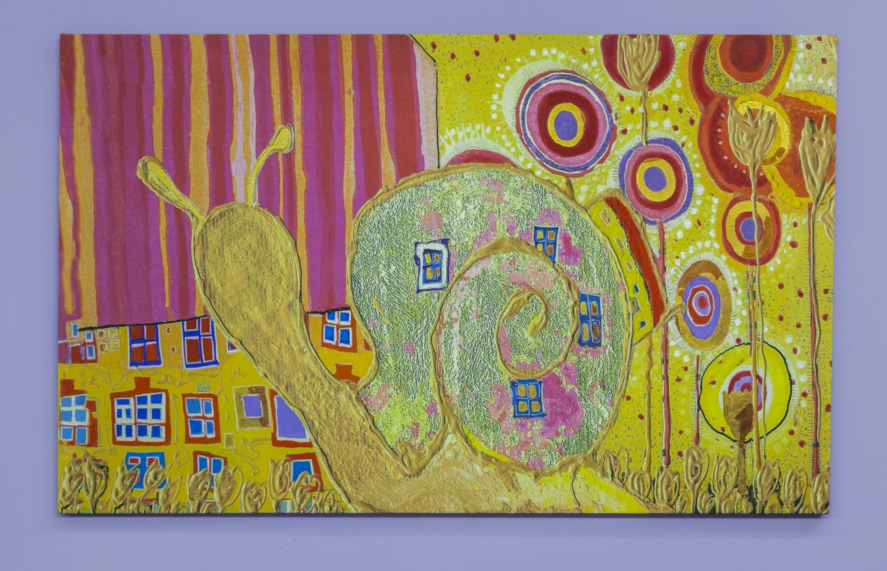 A colorful abstract painting with a snail, houses, and circular patterns.