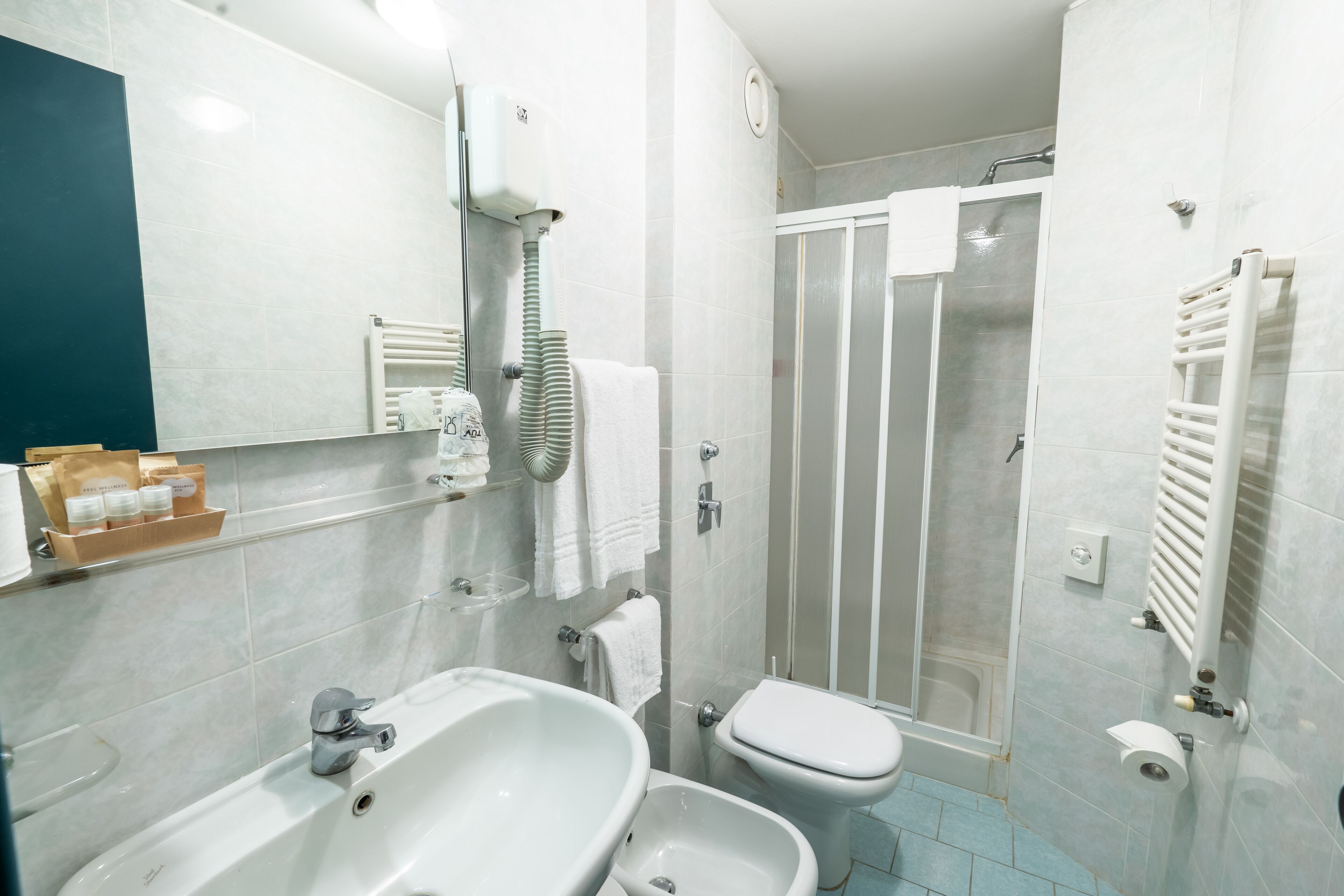 A bathroom with a sink, toilet, bidet, and a glass-enclosed shower.