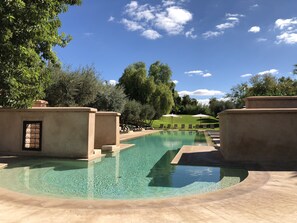 Outdoor pool, pool umbrellas, pool loungers