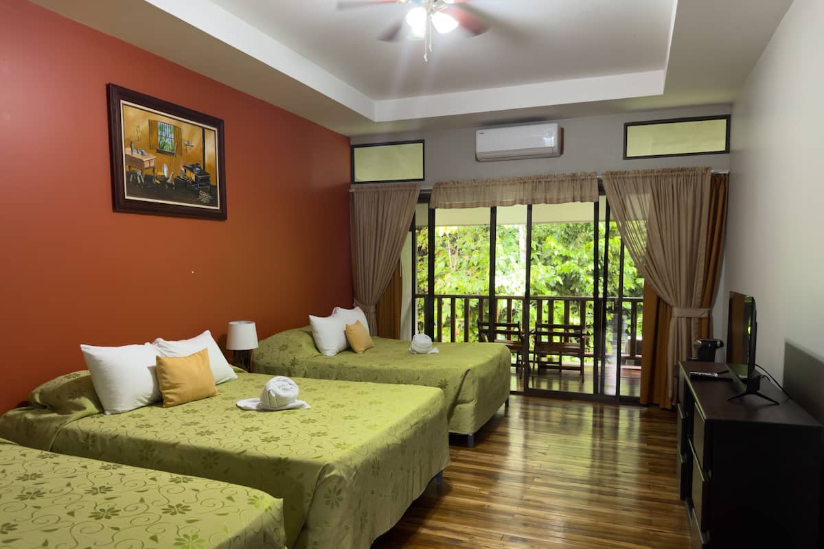 Ein Hotelzimmer mit zwei Betten, einem Deckenventilator, einer Klimaanlage, einem Gemälde und Blick auf Grünfläche.