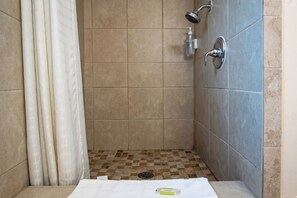 Shower, free toiletries, hair dryer, towels