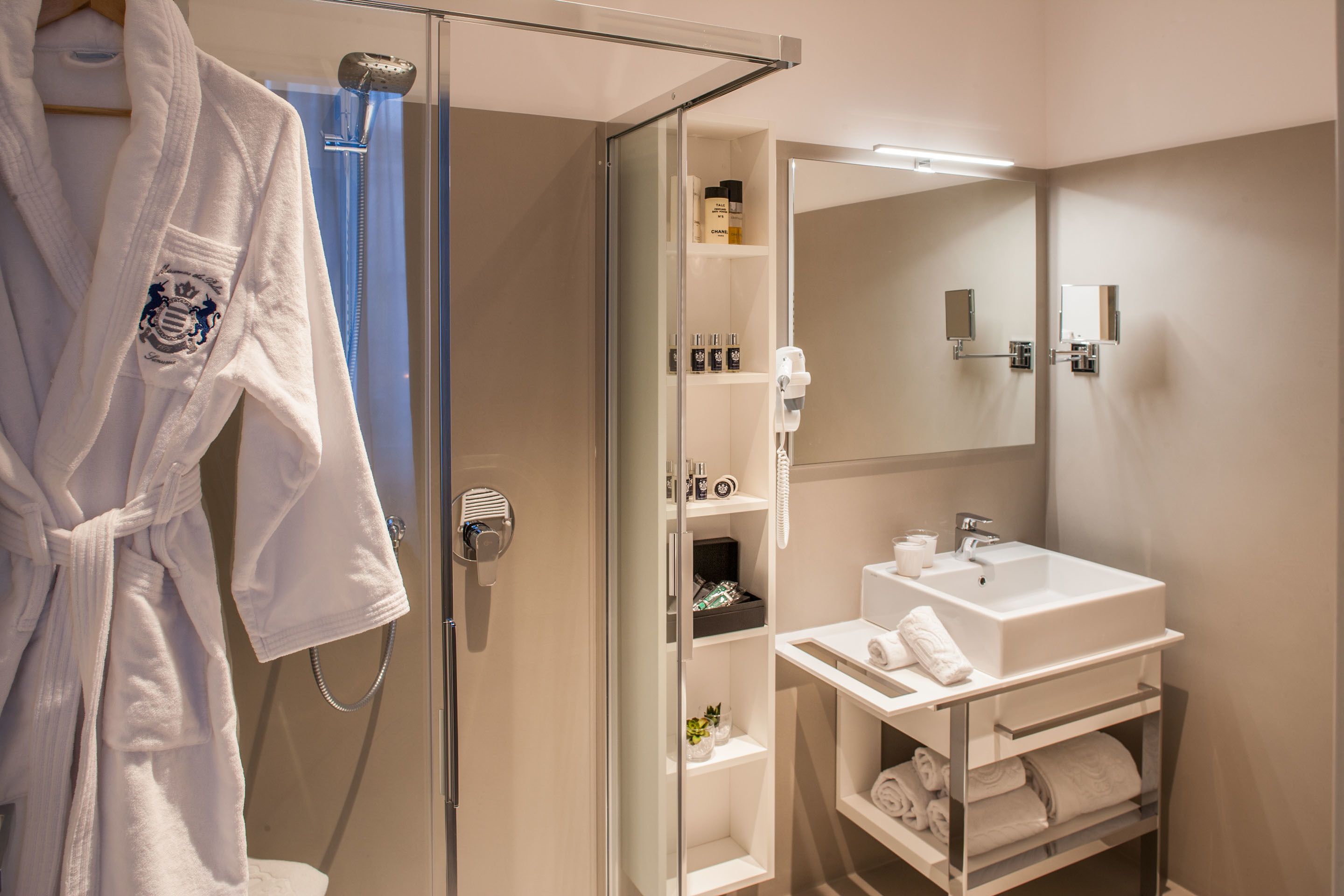 rainfall showerhead, free toiletries, hair dryer, bathrobes